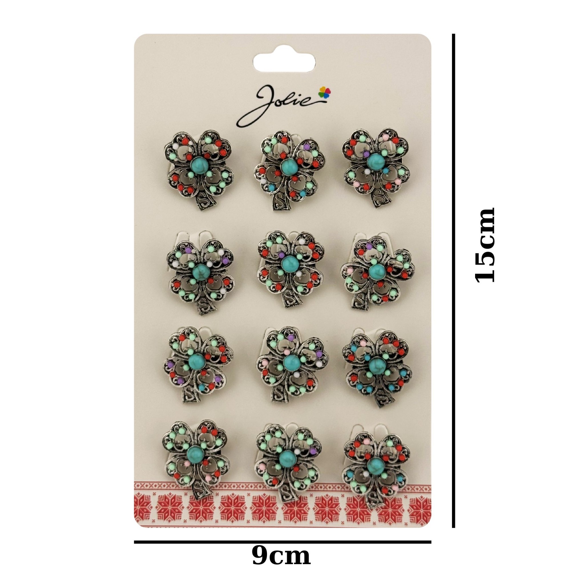 Brose Martisor Primavara, Jolie, Set 12 Bucati, Model Trifoi cu Pietre Decorative, Brosa din Metal, Dimensiune 3 x 2 cm per Bucata, Argintiu/Albastru deschis