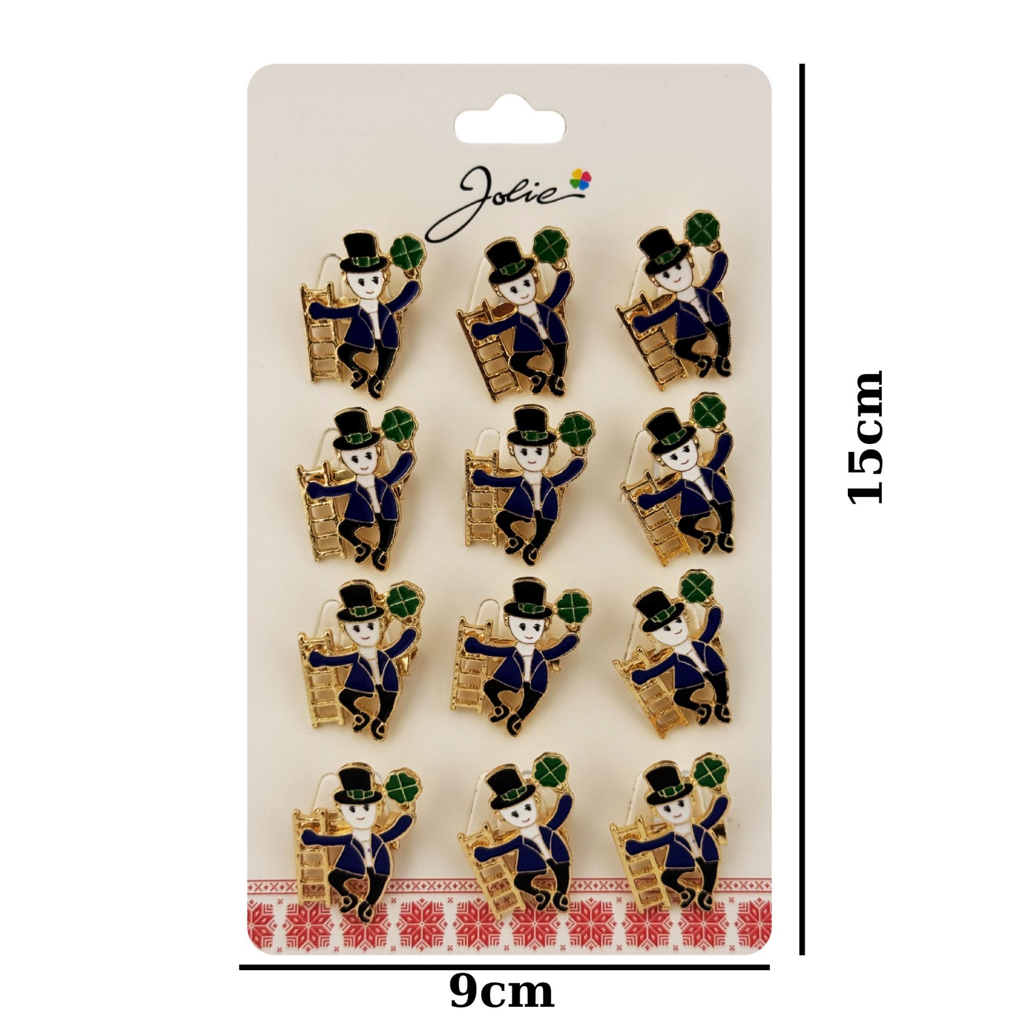 Brose Martisor Primavara Jolie, Set 12 Bucati, Model Elf cu Trifoi Norocos, Brosa din Metal, 3 x 2 cm per Bucata, Albastru inchis