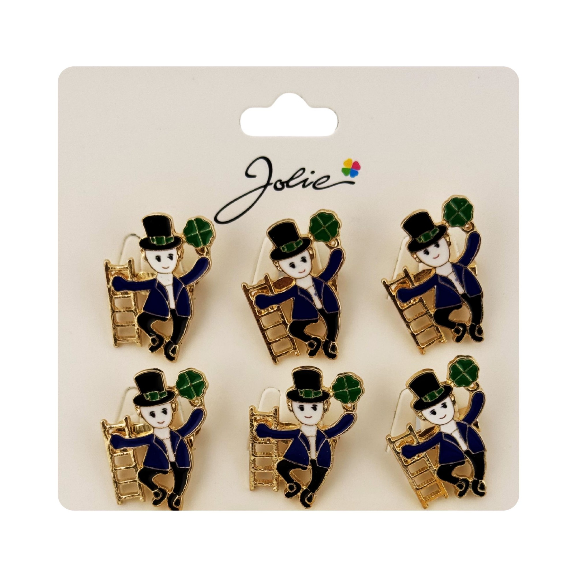 Brose Martisor Primavara Jolie, Set 12 Bucati, Model Elf cu Trifoi Norocos, Brosa din Metal, 3 x 2 cm per Bucata, Albastru inchis