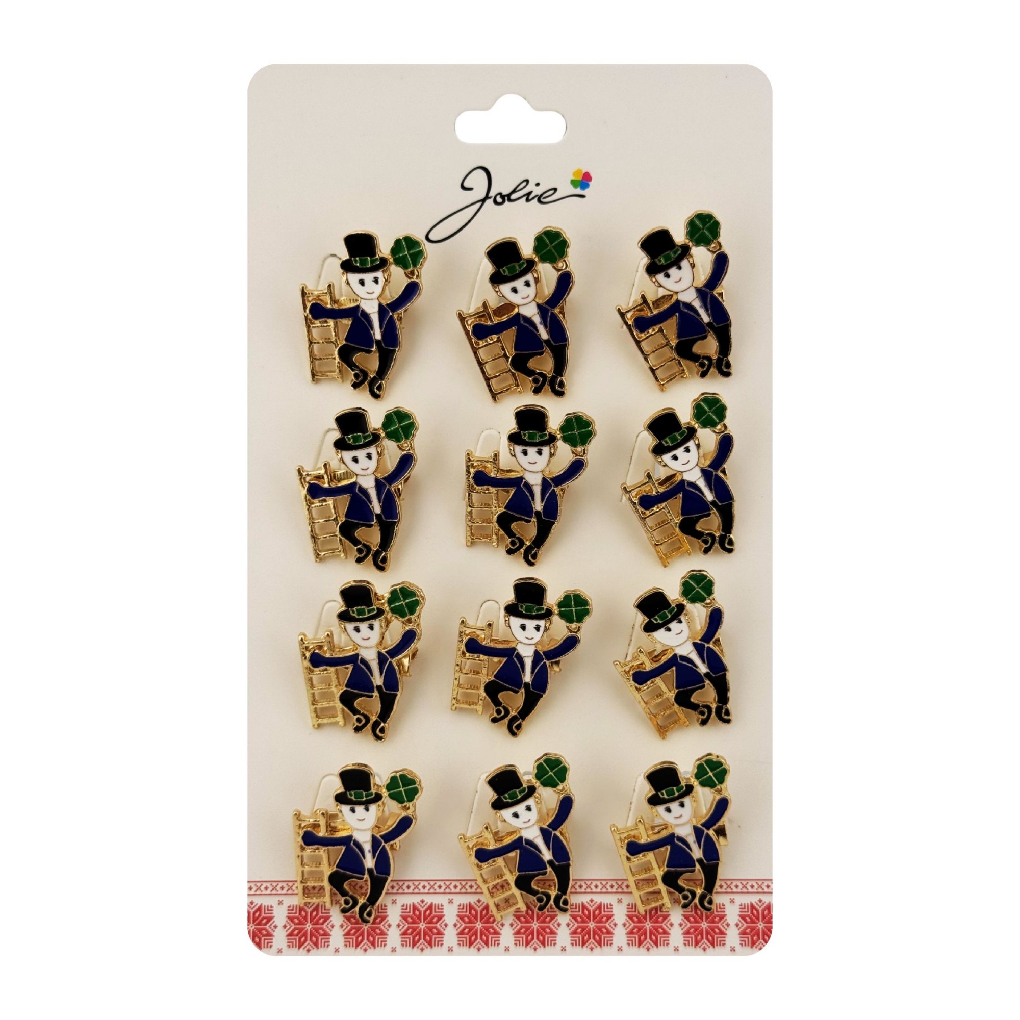 Brose Martisor Primavara Jolie, Set 12 Bucati, Model Elf cu Trifoi Norocos, Brosa din Metal, 3 x 2 cm per Bucata, Albastru inchis