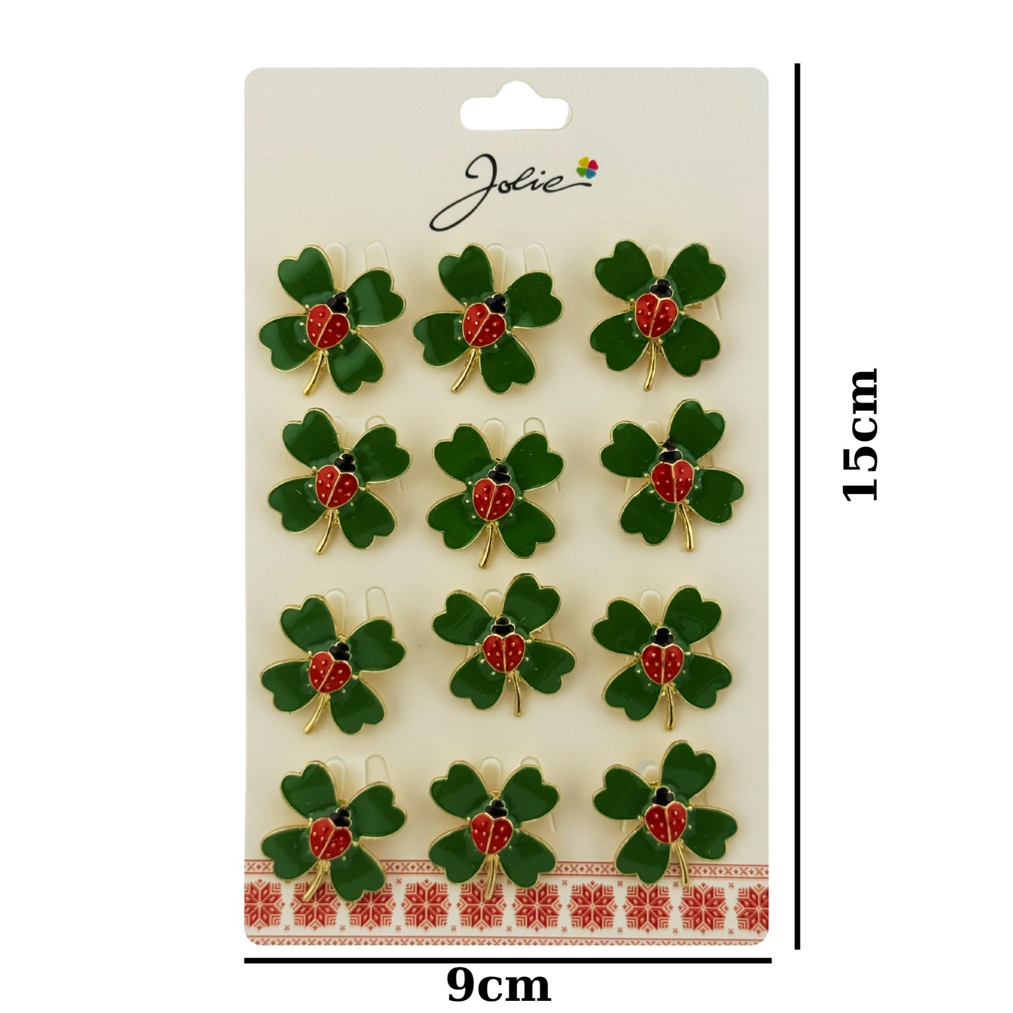 Brose Martisor Primavara, Jolie, Set 12 Bucati, Model Trifoi cu Buburuza, Brosa din Metal, 2.5 x 2.5 cm per Bucata, Verde