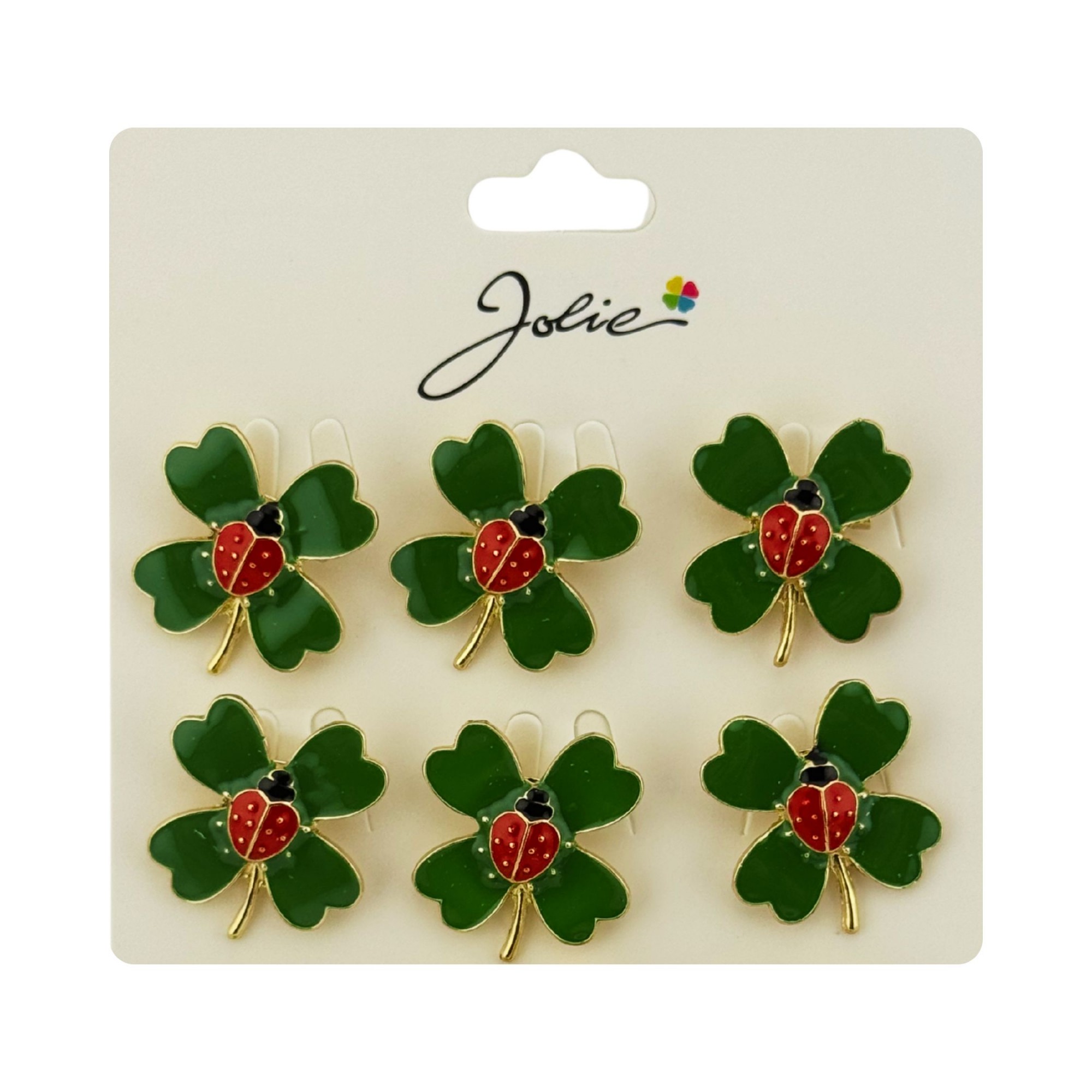 Brose Martisor Primavara, Jolie, Set 12 Bucati, Model Trifoi cu Buburuza, Brosa din Metal, 2.5 x 2.5 cm per Bucata, Verde