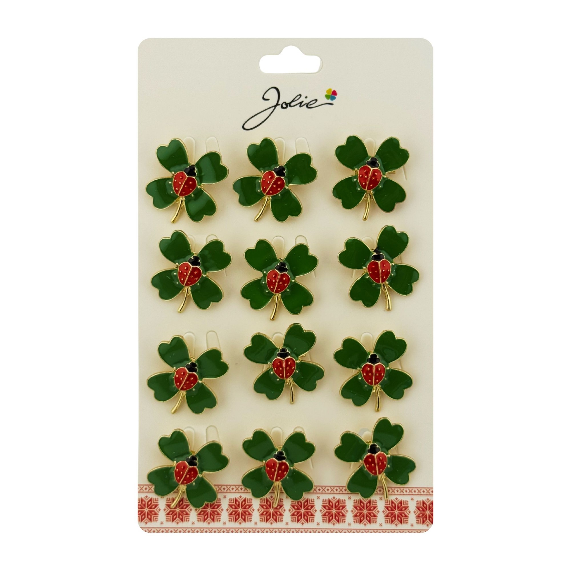 Brose Martisor Primavara, Jolie, Set 12 Bucati, Model Trifoi cu Buburuza, Brosa din Metal, 2.5 x 2.5 cm per Bucata, Verde