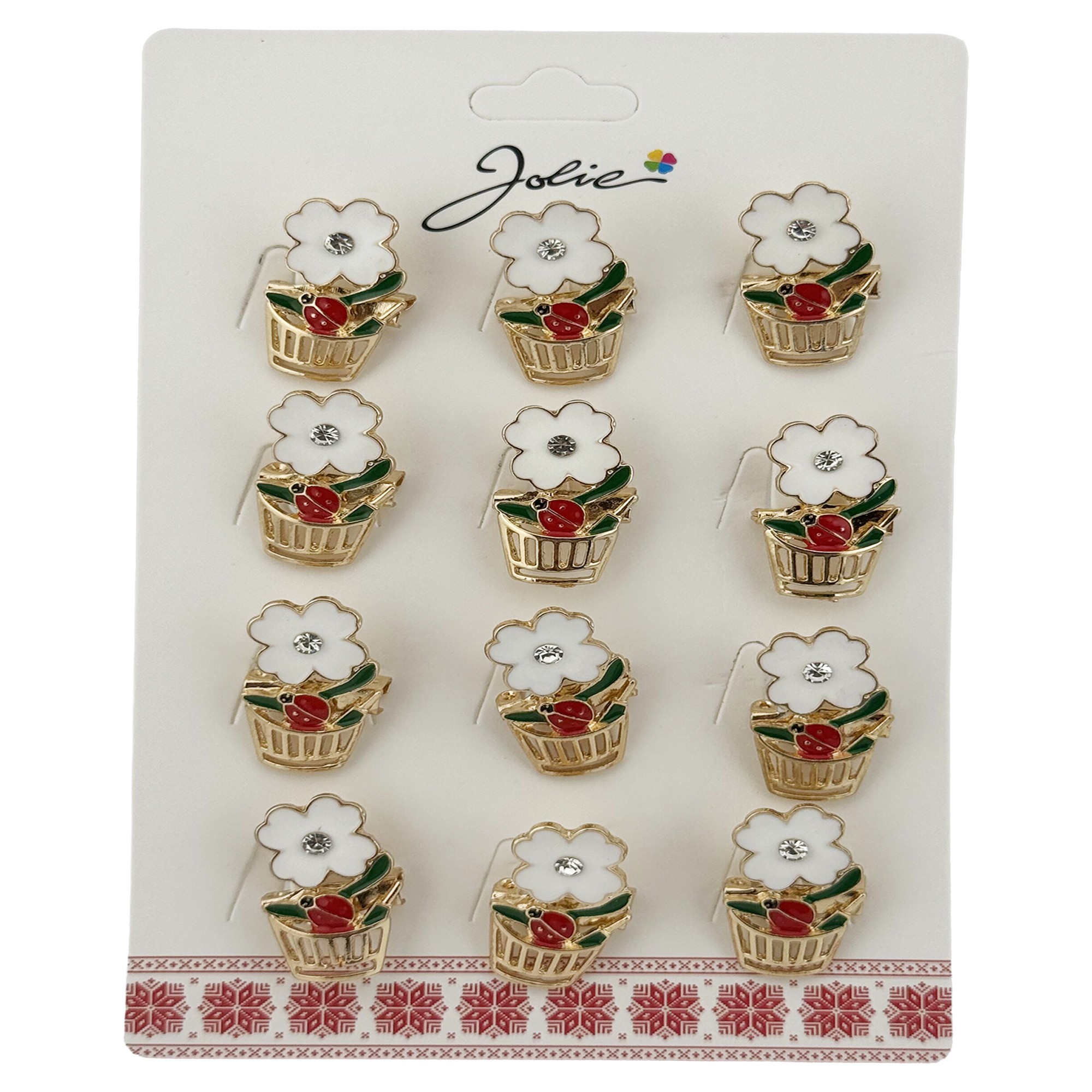 Brose Martisor, Jolie, Set 12 Bucati, Model Floare si Buburuza, Brose din Metal, Aspect Lacuit, Multicolor