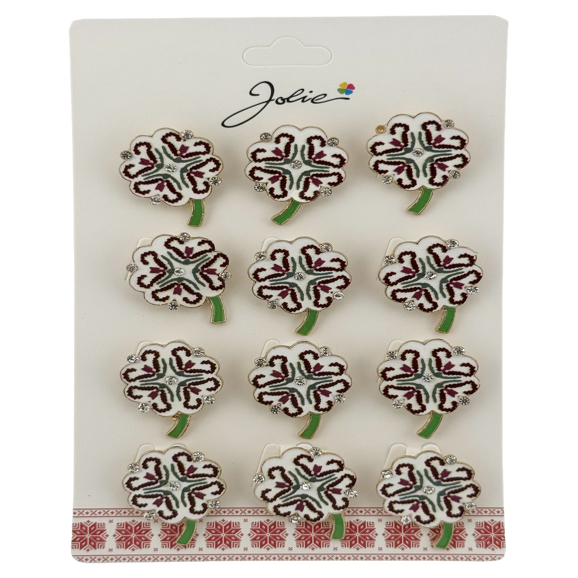 Brose Martisor, Jolie, Set 12 Bucati, Model Trifoi Traditional, Metal, 3 cm, Alb