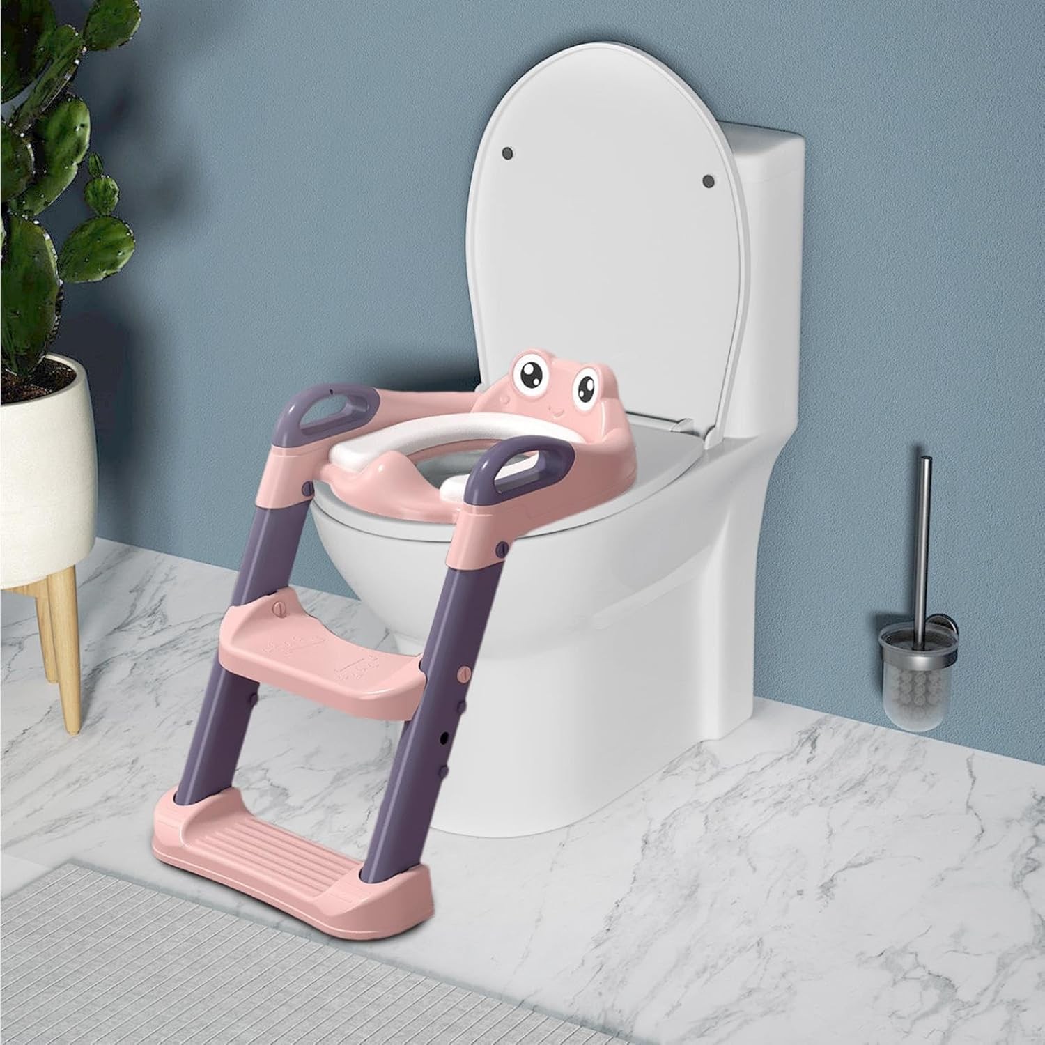 Reductor si Scaunel Inaltator WC, Flippy, pentru Copii 1 - 7 Ani, 2 Trepte Reglabile, Pliabil, Colac Moale, cu Spatar si Manere, Inaltime 54/58 cm x 39.5 x 35 cm, din Plastic+PVC, Roz/Mov