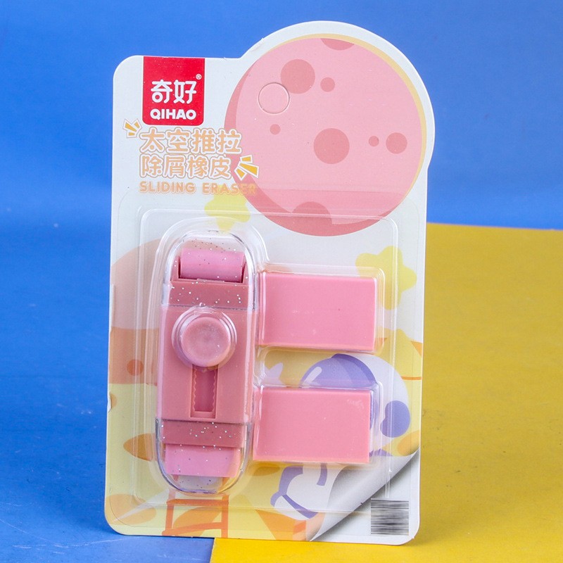 Radiera Retractabila, Flippy, Model Astronaut Push-Pull pentru elevii, Radiera de tip Push, Doua Radiere de Rezerva in set, Roz