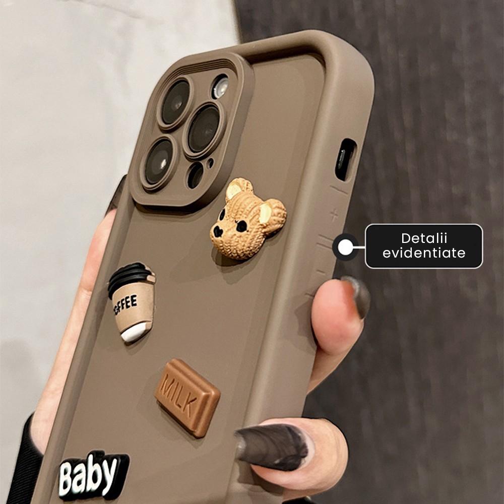 Husa de Protectie, Flippy, pentru Apple iPhone 16 Pro, Model Ursuleti 3D, Antisoc, Rezistenta la Impact, Protectie Camera, Maro