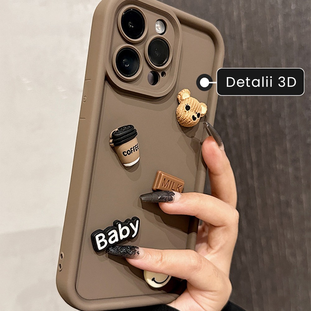 Husa de Protectie, Flippy, pentru Apple iPhone 16 Pro, Model Ursuleti 3D, Antisoc, Rezistenta la Impact, Protectie Camera, Maro