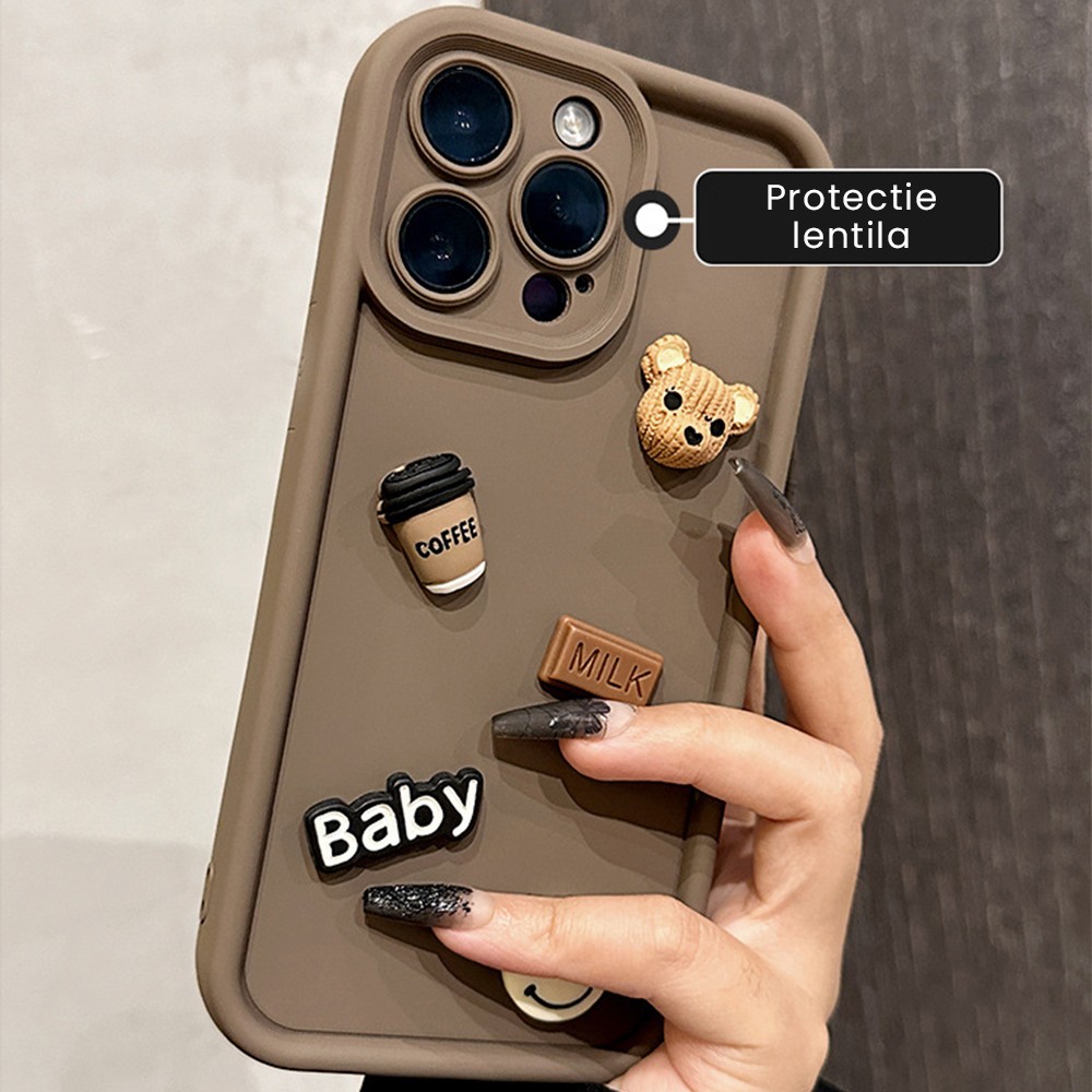 Husa de Protectie, Flippy, pentru Apple iPhone 16 Pro, Model Ursuleti 3D, Antisoc, Rezistenta la Impact, Protectie Camera, Maro