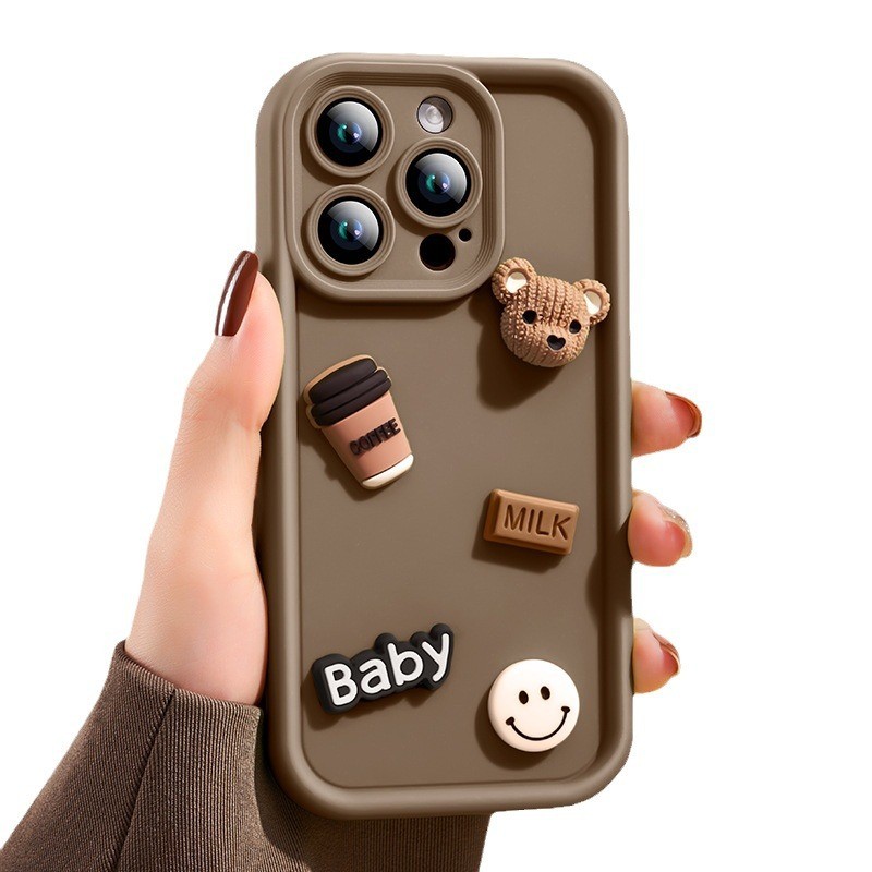 Husa de Protectie, Flippy, pentru Apple iPhone 16 Pro, Model Ursuleti 3D, Antisoc, Rezistenta la Impact, Protectie Camera, Maro