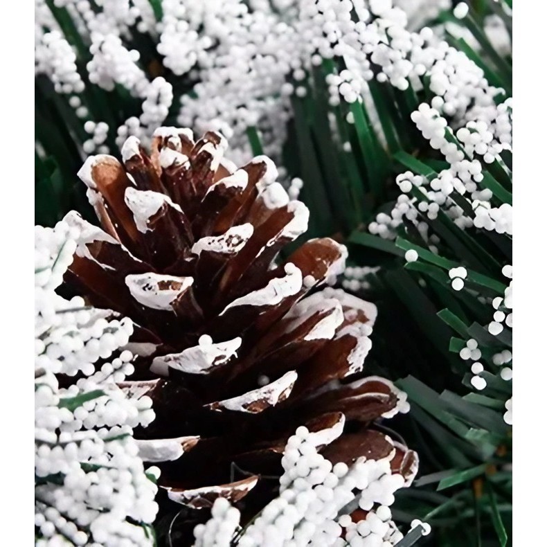 Coronita pentru Craciun Flippy, diametru 20 cm, din brad artificial, decorata cu conuri si merisoare, inzapezit, Verde/Alb, Resigilat