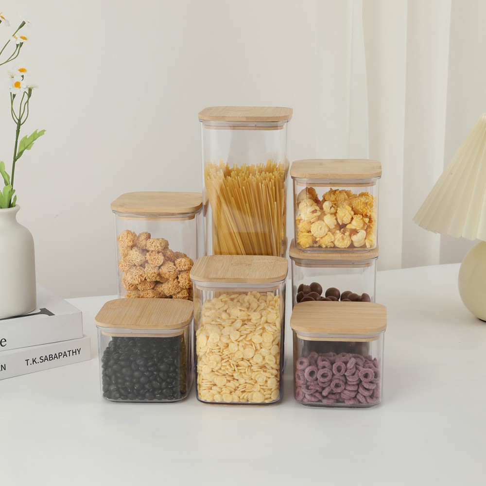Cutii de Depozitare Alimente, Flippy, Set din 7 Cutii de tip Container, Cutii pentru Cereale, din Plastic, Capac din Bambuc, 2pc 0.5 l, 2pc 0.8 l, 2pc 1.2 l, 1pc 2.5 l, Transparente