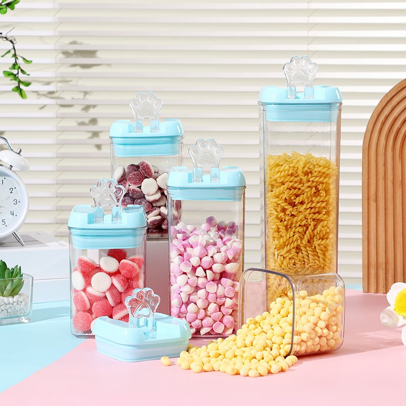 Set 5 Cutii de Depozitare Alimente, Flippy, 1 x 500ml, 2 x 800ml, 1 x 1200ml, 1 x 1900ml, Capac Albastru, din PP+PET, Inchidere Ermetica, Transparent