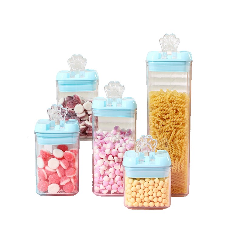 Set 5 Cutii de Depozitare Alimente, Flippy, 1 x 500ml, 2 x 800ml, 1 x 1200ml, 1 x 1900ml, Capac Albastru, din PP+PET, Inchidere Ermetica, Transparent