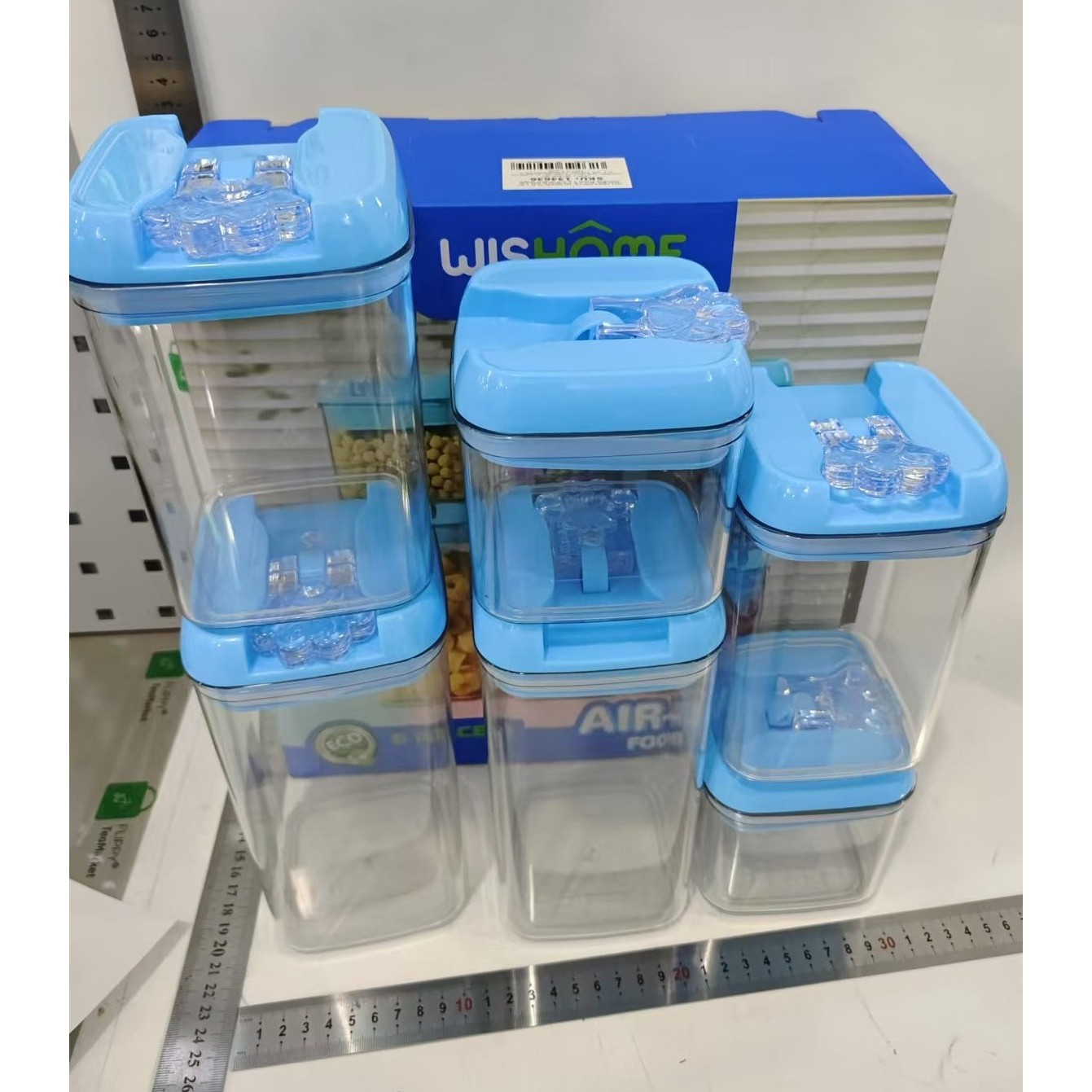 Set 6 Cutii de Depozitare Alimente, Flippy, 2 x 500ml, 2 x 800ml, 2 x 1200ml, Capac Albastru, din PP+PET, Inchidere Ermetica, Transparent