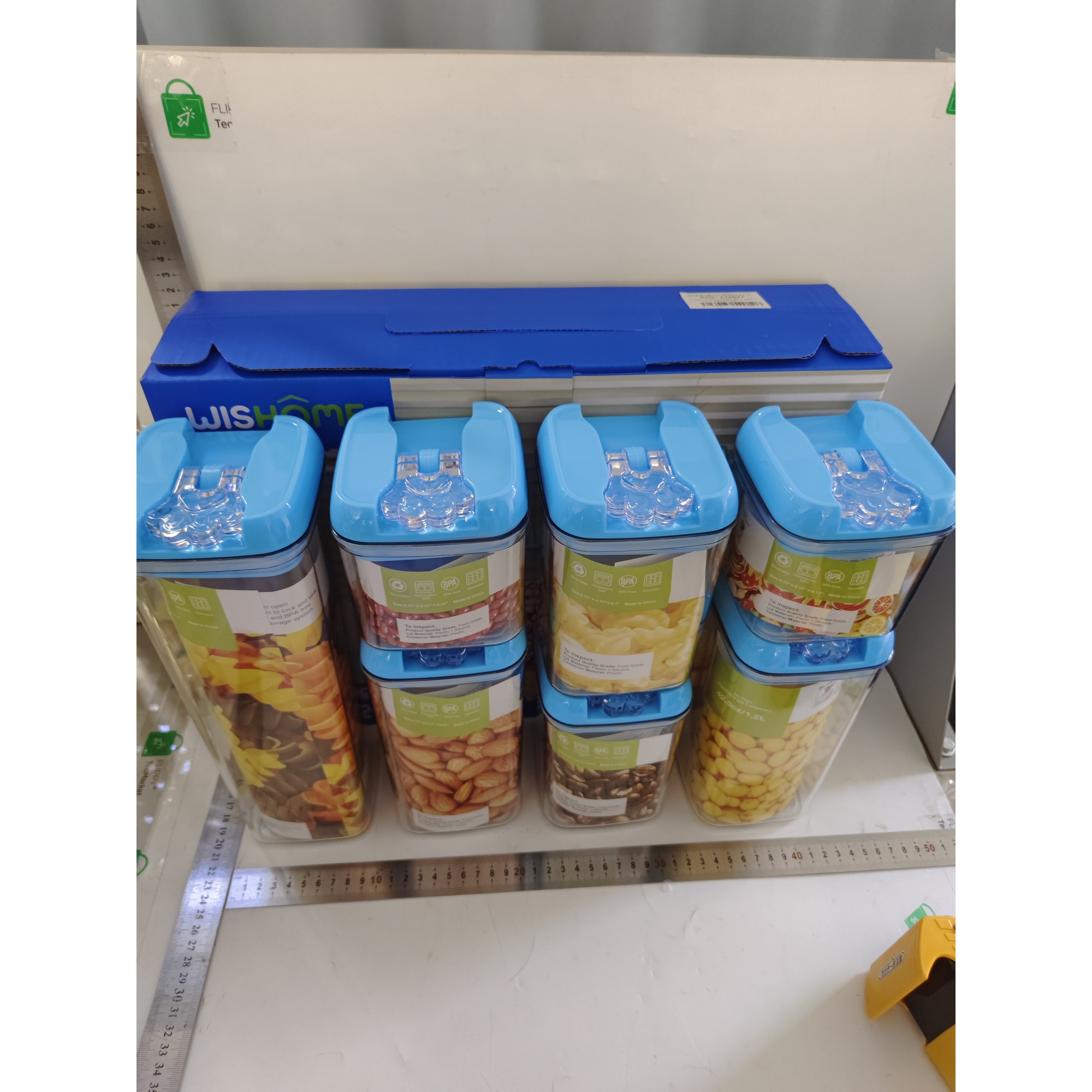 Cutii de Depozitare Alimente, Flippy, Set din 7 Cutii de tip Container, 2x0.5 l, 2x0.8 l, 2x1.2 l, 1x1.9 l, Recipiente pentru Cereale in Bucatarie,  Transparente cu Capac Albastru