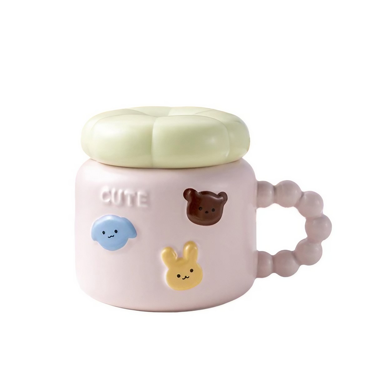 Cana pentru Copii, Flippy, din Portelan, print Figurine Animalute, Model CUTE, Cana cu Capac, Ceasca pentru Cafea, Ceai, 400ml Roz