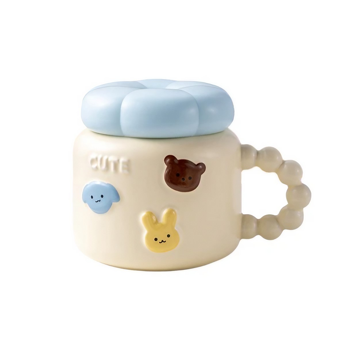Cana pentru Copii, Flippy, din Portelan, print Figurine Animalute, Model CUTE, Cana cu Capac, Ceasca pentru Cafea, Ceai, 400ml Galben deschis