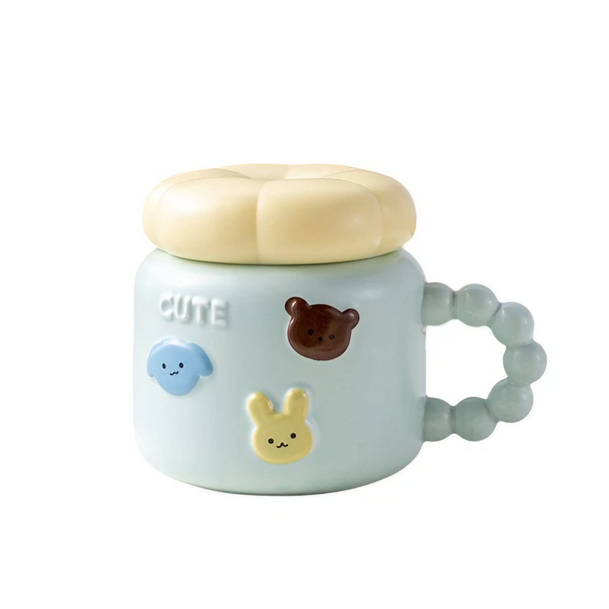 Cana pentru Copii, Flippy, din Portelan, print Figurine Animalute, Model CUTE, Cana cu Capac, Ceasca pentru Cafea, Ceai, 400ml Albastru deschis