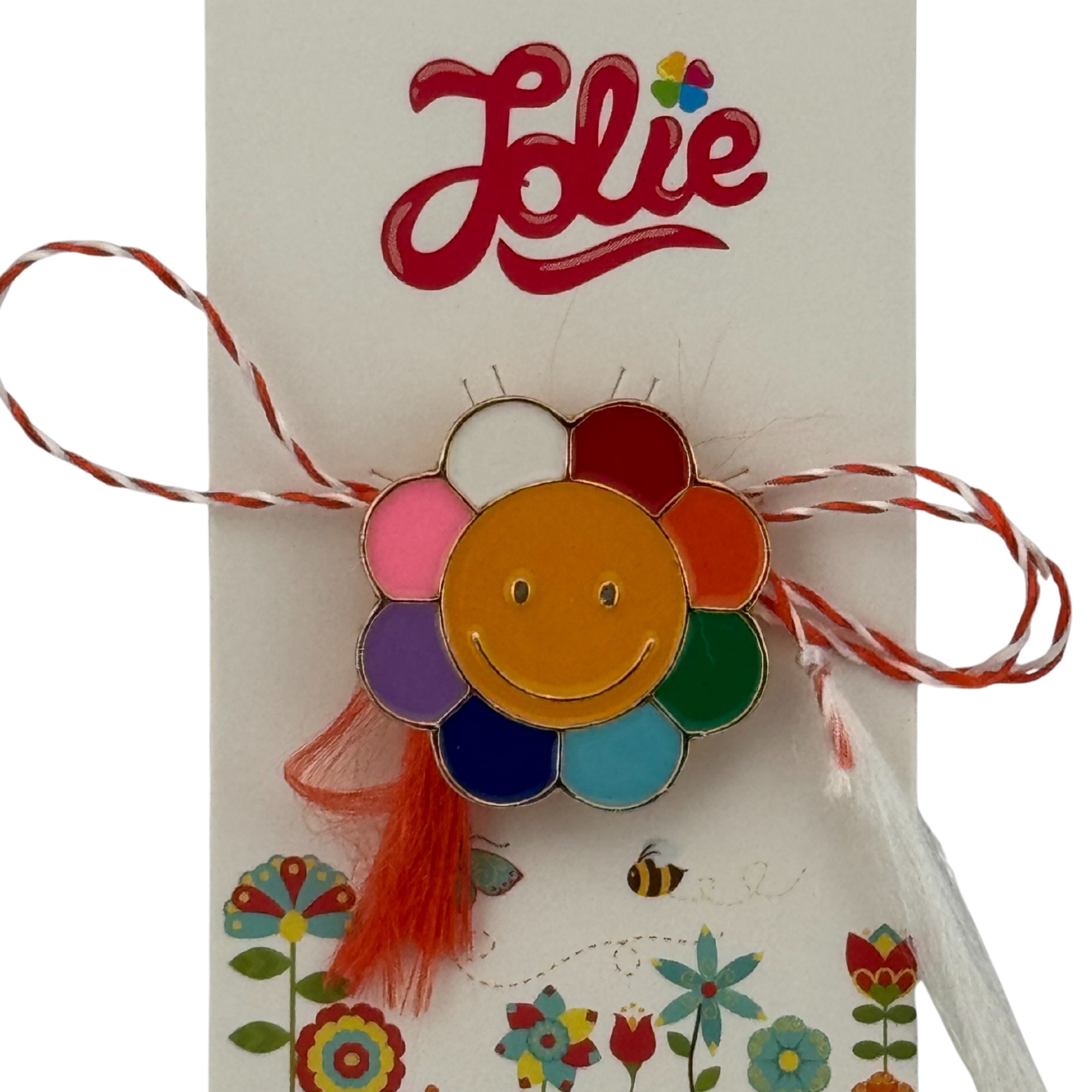 Martisor pentru copii, Jolie, Material Metal, Ambalaj Carton cu Design, Dimensiune Brosa Aproximativ 2x2 cm, Multicolor, Model Floare