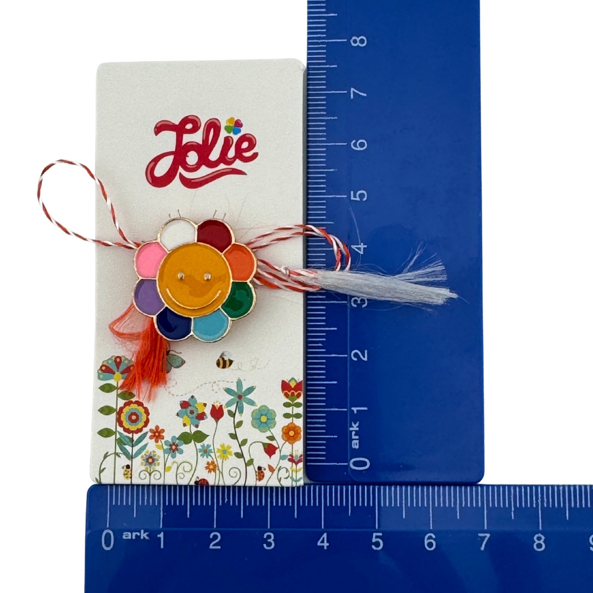 Martisor pentru copii, Jolie, Material Metal, Ambalaj Carton cu Design, Dimensiune Brosa Aproximativ 2x2 cm, Multicolor, Model Floare