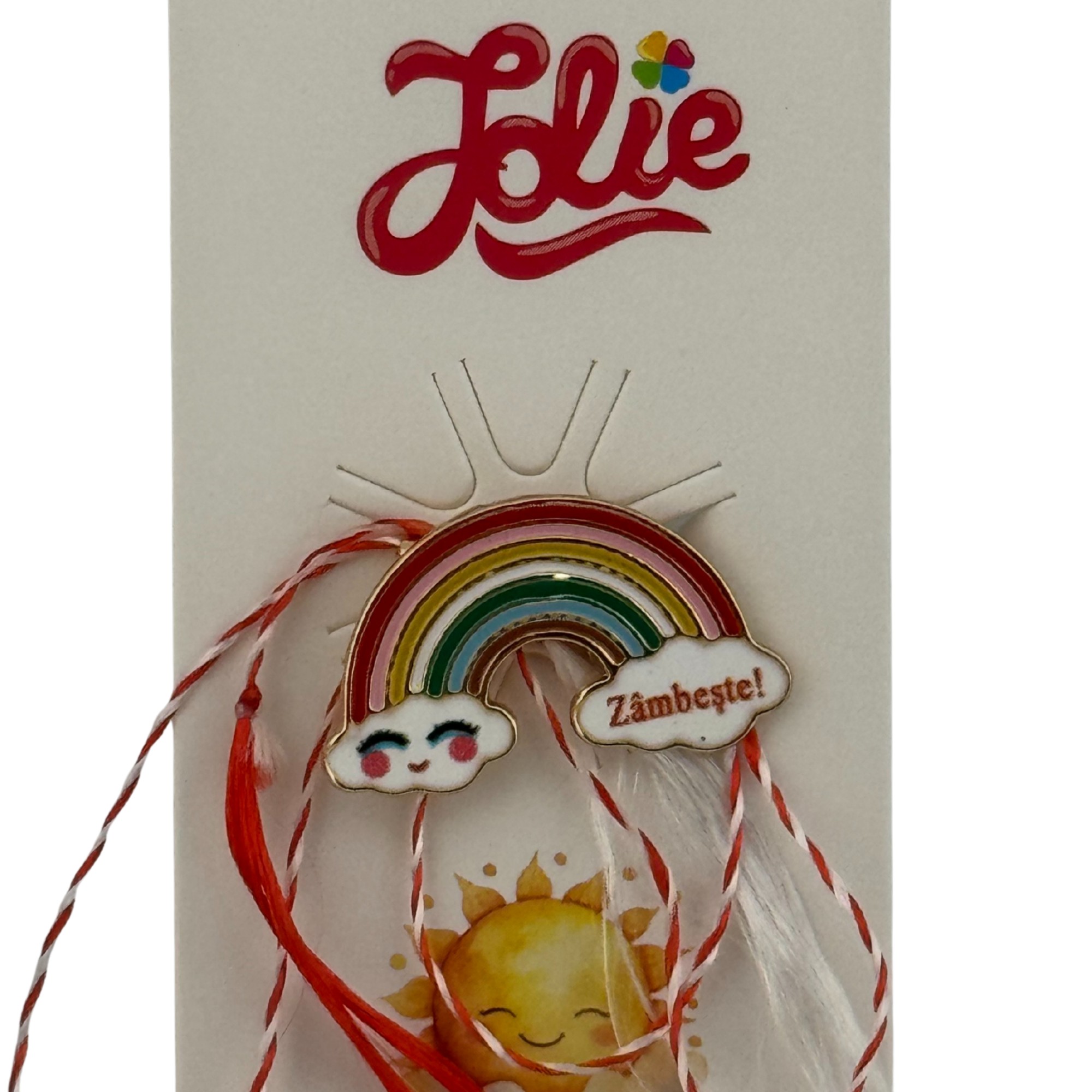 Martisor pentru copii, Jolie, Material Metal, Ambalaj Carton cu Design, Dimensiune Brosa Aproximativ 2x2 cm, Multicolor, cu Mesaj, Model Curcubeu si Norisori
