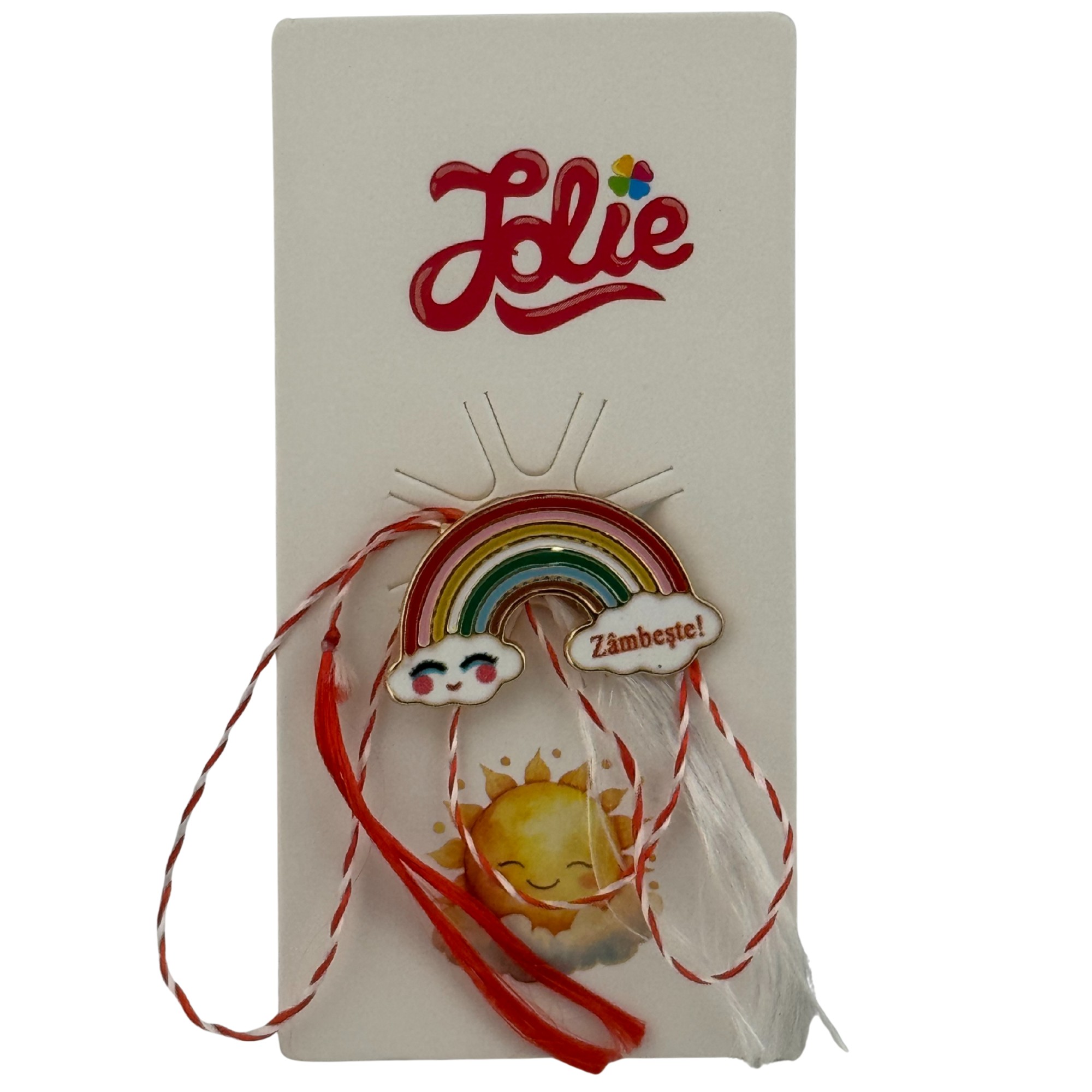 Martisor pentru copii, Jolie, Material Metal, Ambalaj Carton cu Design, Dimensiune Brosa Aproximativ 2x2 cm, Multicolor, cu Mesaj, Model Curcubeu si Norisori