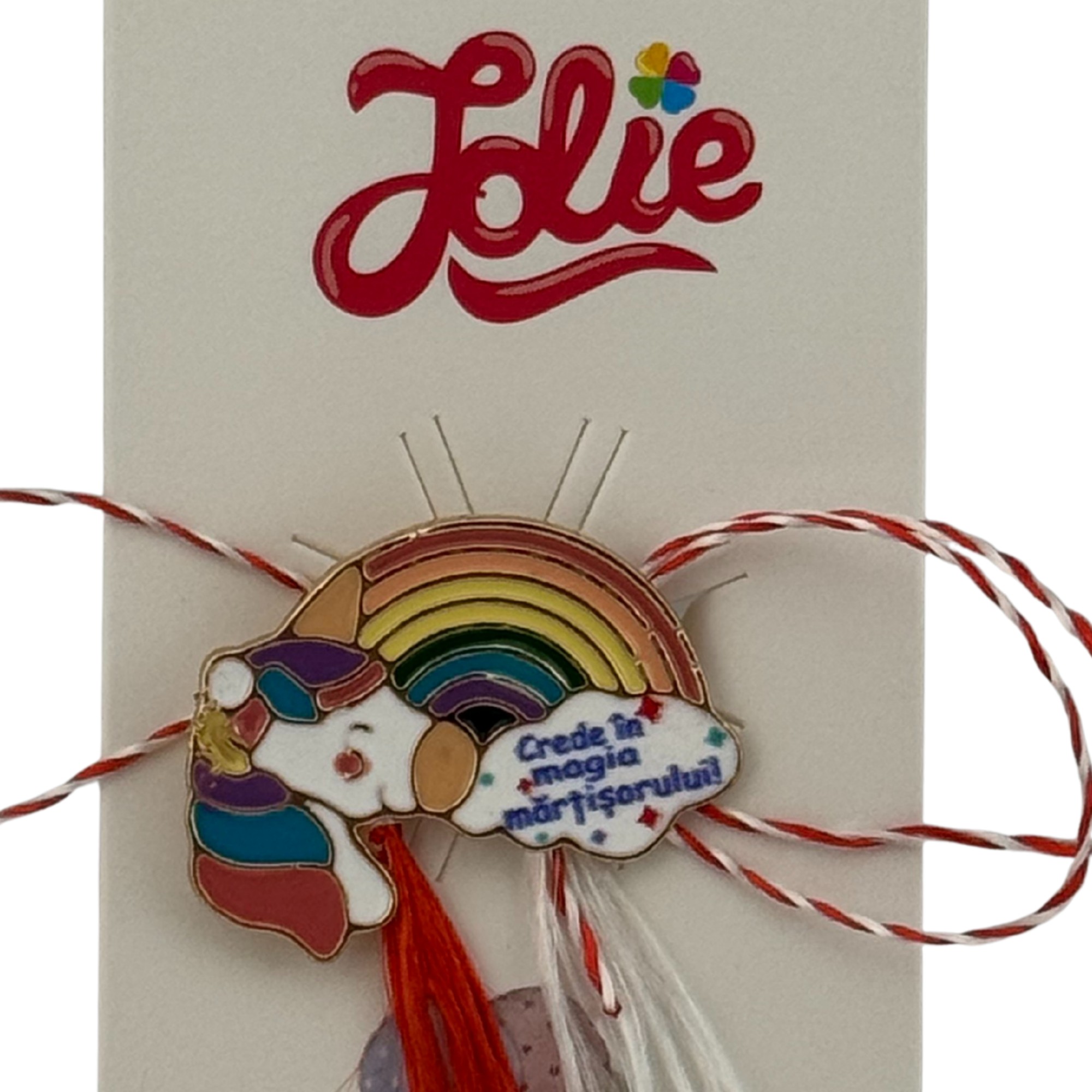 Martisor pentru copii, Jolie, Material Metal, Ambalaj Carton cu Design, Dimensiune Brosa Aproximativ 2x2 cm, Multicolor, cu Mesaj, Model Curcubeu si Unicorn
