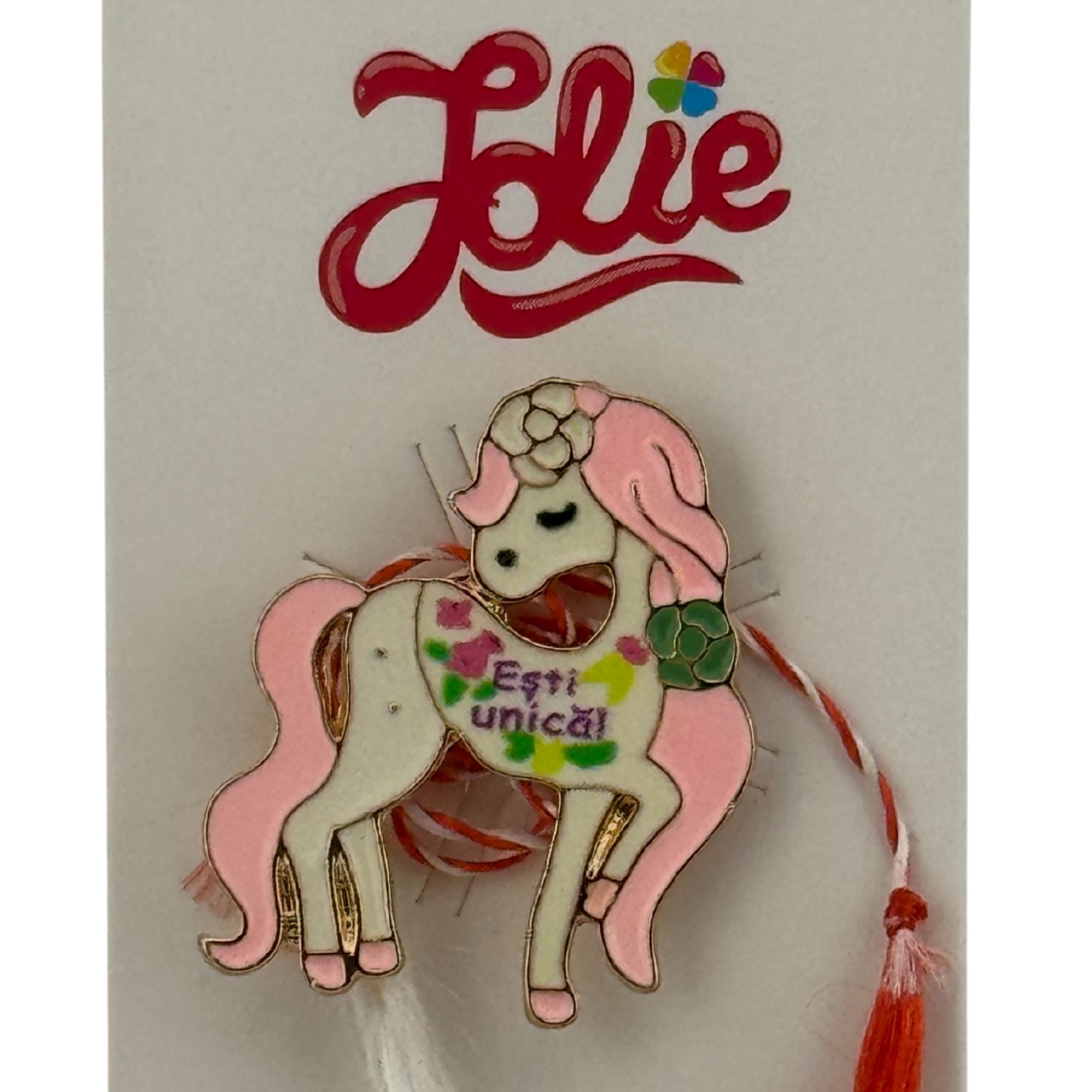 Martisor pentru copii, Jolie, Material Metal, Ambalaj Carton cu Design, Dimensiune Brosa Aproximativ 2x2 cm, Multicolor, cu Mesaj, Model Unicorn
