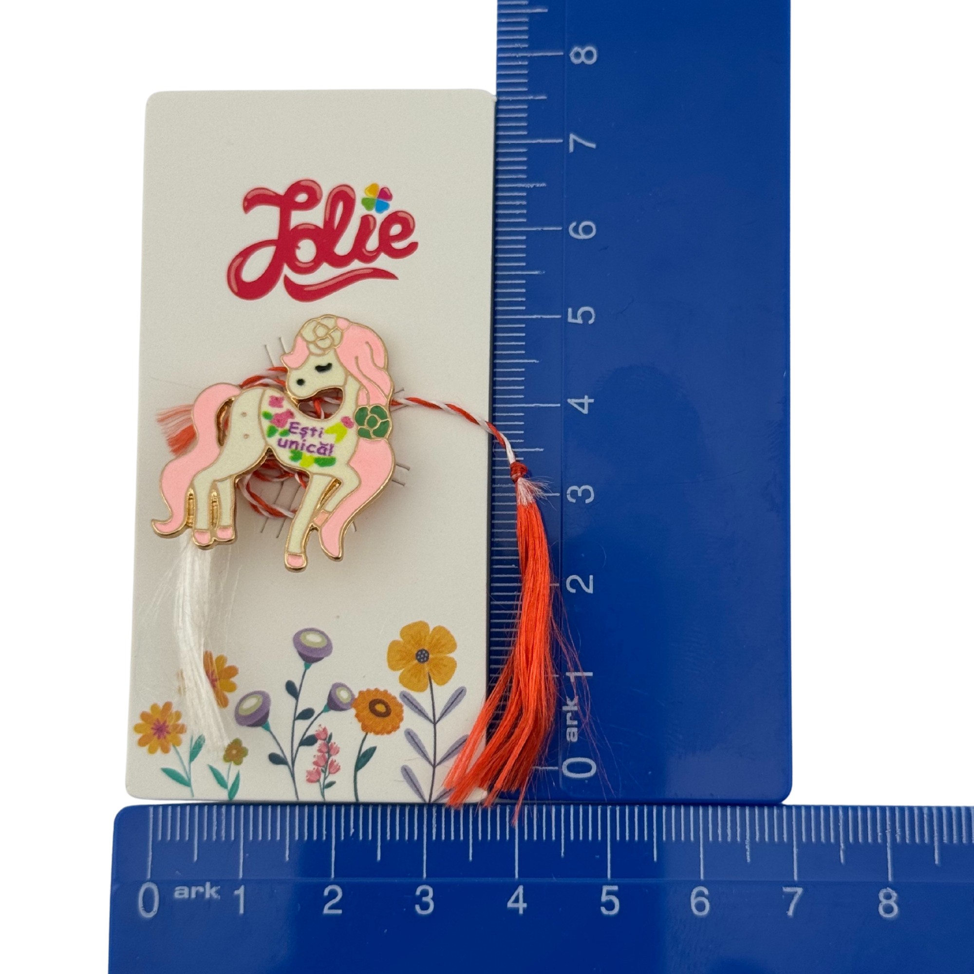 Martisor pentru copii, Jolie, Material Metal, Ambalaj Carton cu Design, Dimensiune Brosa Aproximativ 2x2 cm, Multicolor, cu Mesaj, Model Unicorn