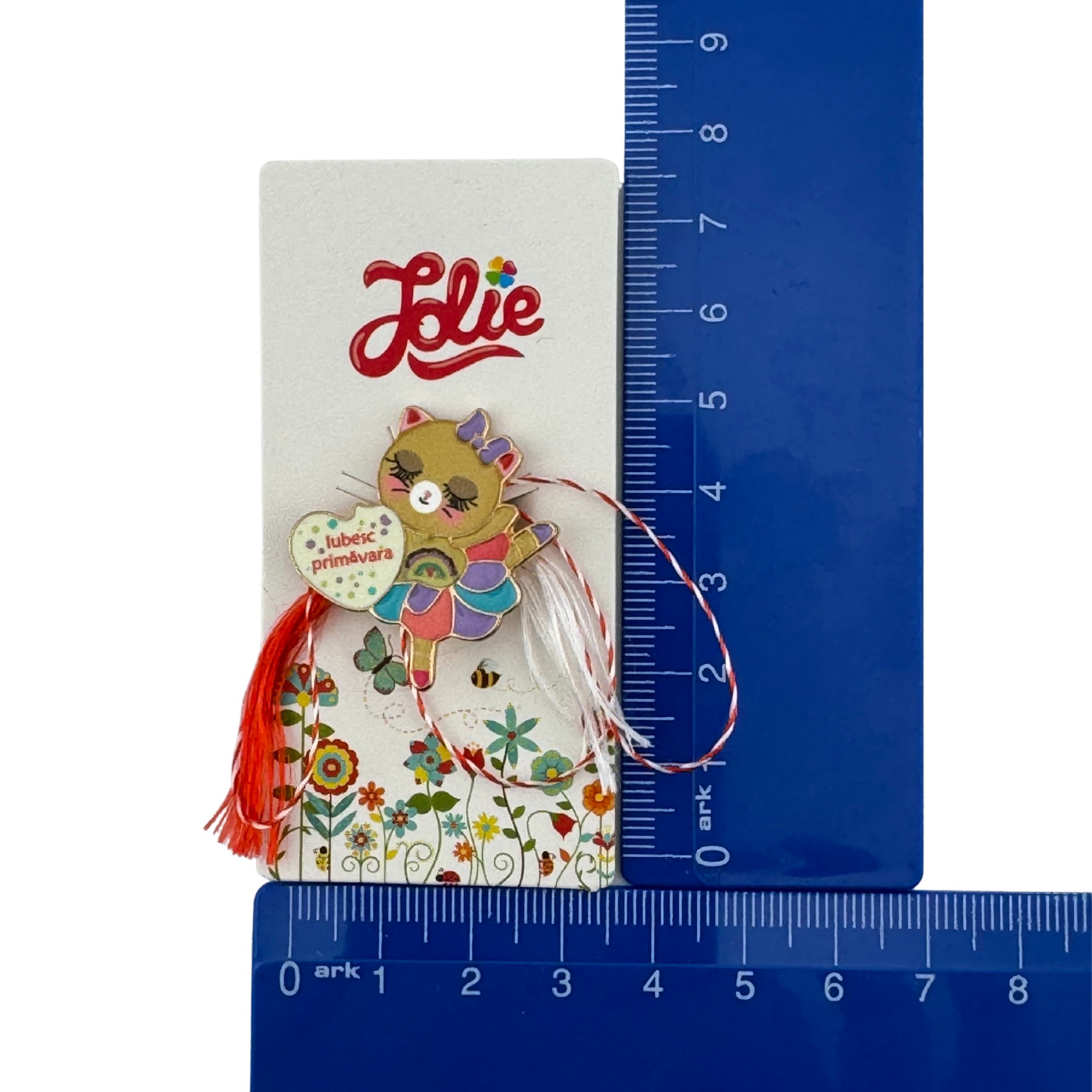 Martisor pentru copii, Jolie, Material Metal, Ambalaj Carton cu Design, Dimensiune Brosa Aproximativ 2x2 cm, Multicolor, cu Mesaj, Model Balerina