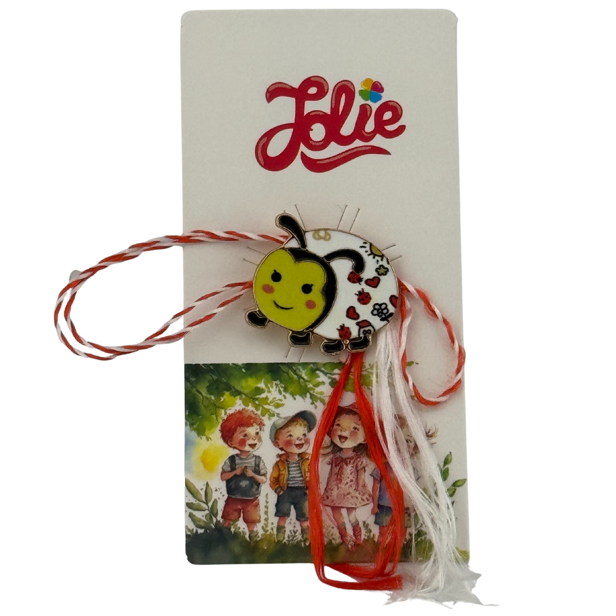 Martisor pentru copii, Jolie, Material Metal, Ambalaj Carton cu Design, Dimensiune Brosa Aproximativ 2x2 cm, Model Buburuza, Multicolor