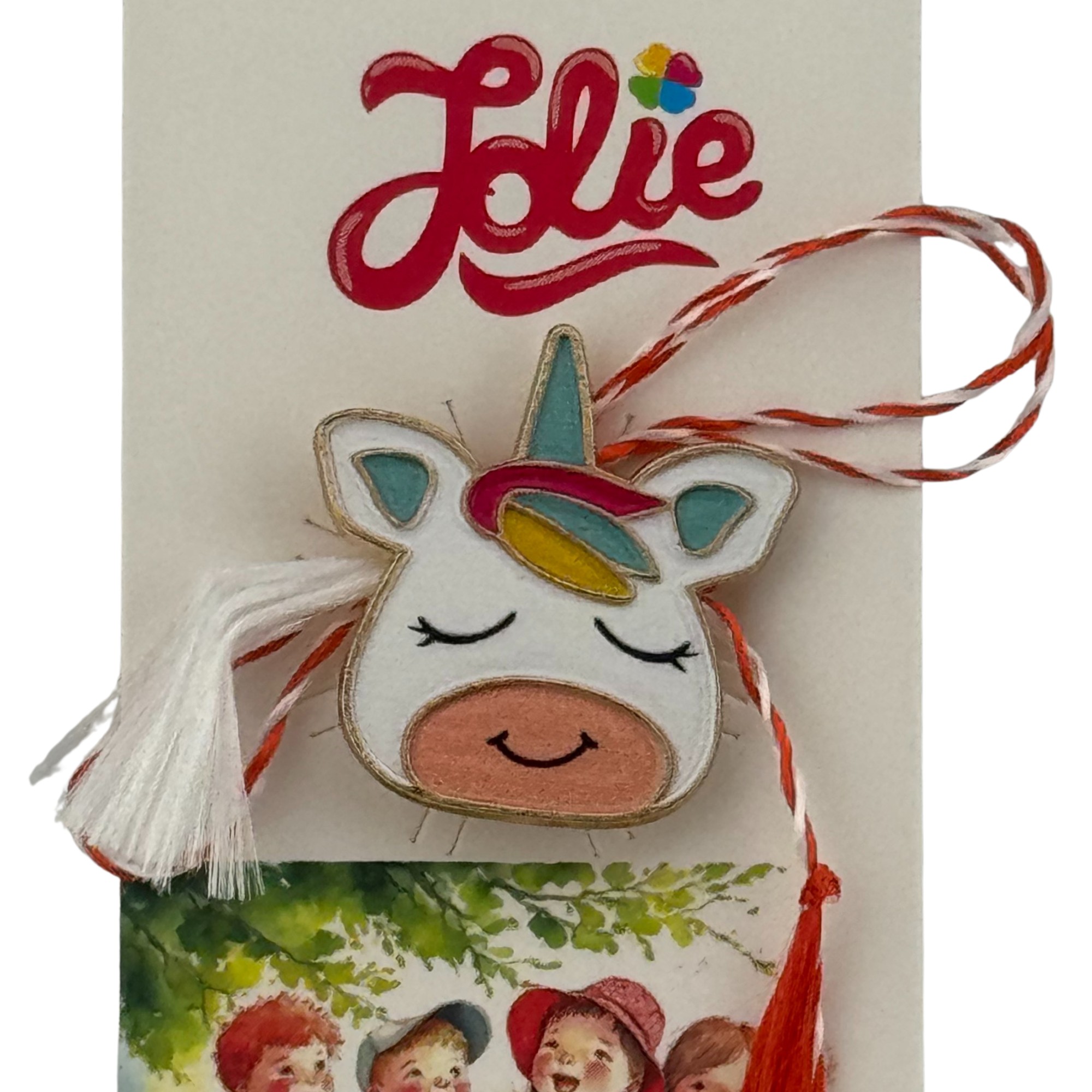 Martisor pentru copii, Jolie, Material Metal, Ambalaj Carton cu Design, Dimensiune Brosa Aproximativ 2x2 cm, Multicolor, Model Unicorn