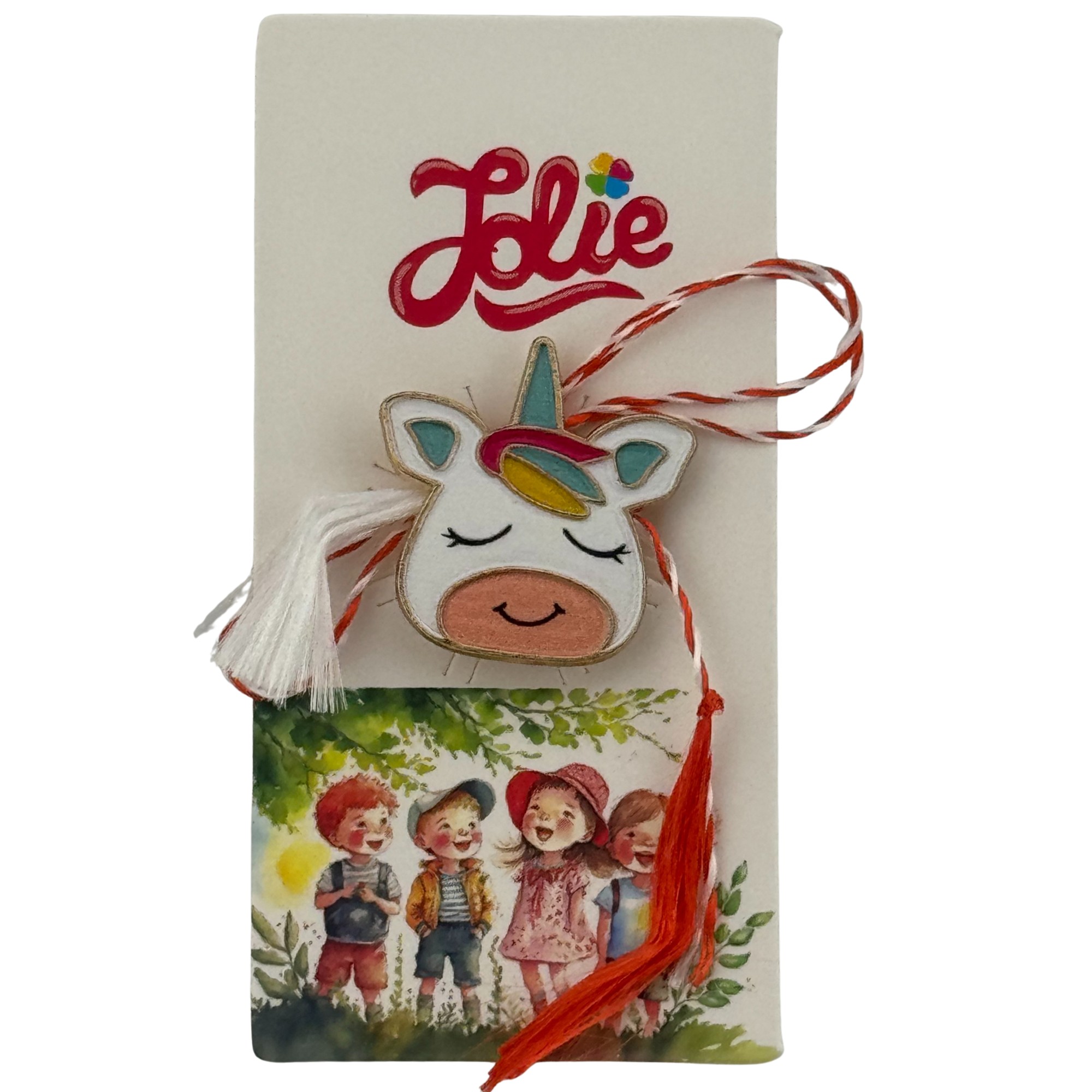 Martisor pentru copii, Jolie, Material Metal, Ambalaj Carton cu Design, Dimensiune Brosa Aproximativ 2x2 cm, Multicolor, Model Unicorn