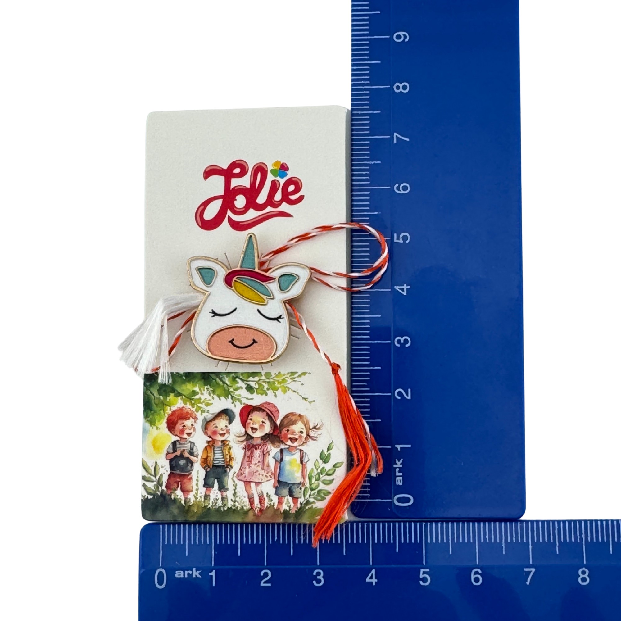 Martisor pentru copii, Jolie, Material Metal, Ambalaj Carton cu Design, Dimensiune Brosa Aproximativ 2x2 cm, Multicolor, Model Unicorn