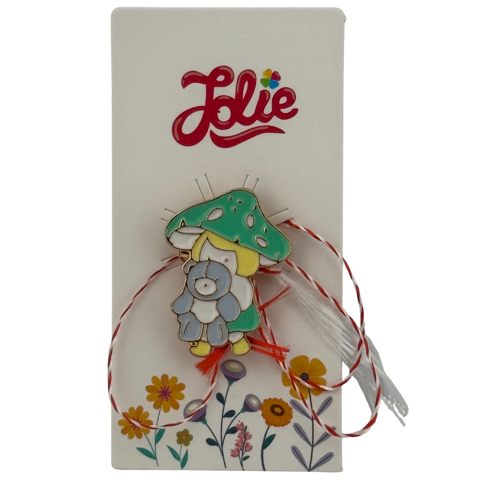 Martisor pentru copii, Jolie, Material Metal, Ambalaj Carton cu Design, Dimensiune Brosa Aproximativ 2x2 cm, Multicolor, Model Ciuperca si Ursulet