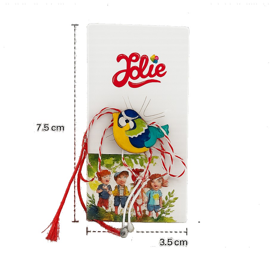 Martisor Brosa pentru Copii, Jolie, Model Pasare, din Metal, 2 x 2 cm, Snur Alb/Rosu, Multicolor