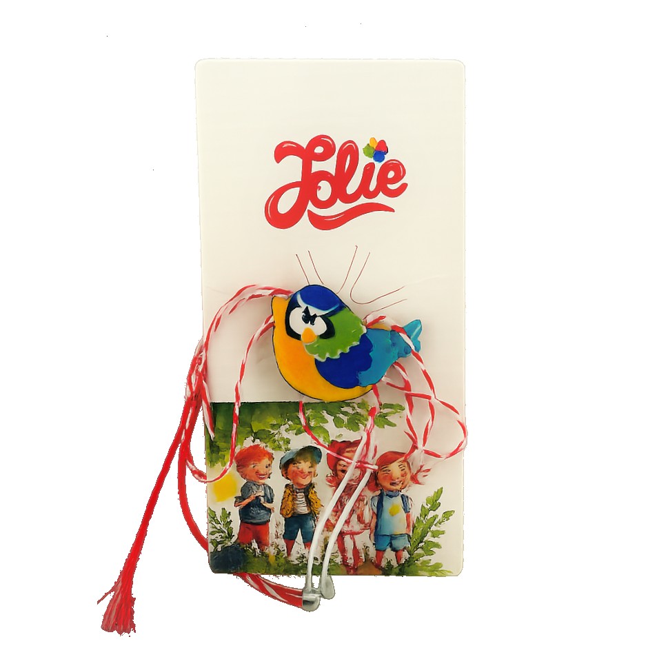 Martisor Brosa pentru Copii, Jolie, Model Pasare, din Metal, 2 x 2 cm, Snur Alb/Rosu, Multicolor