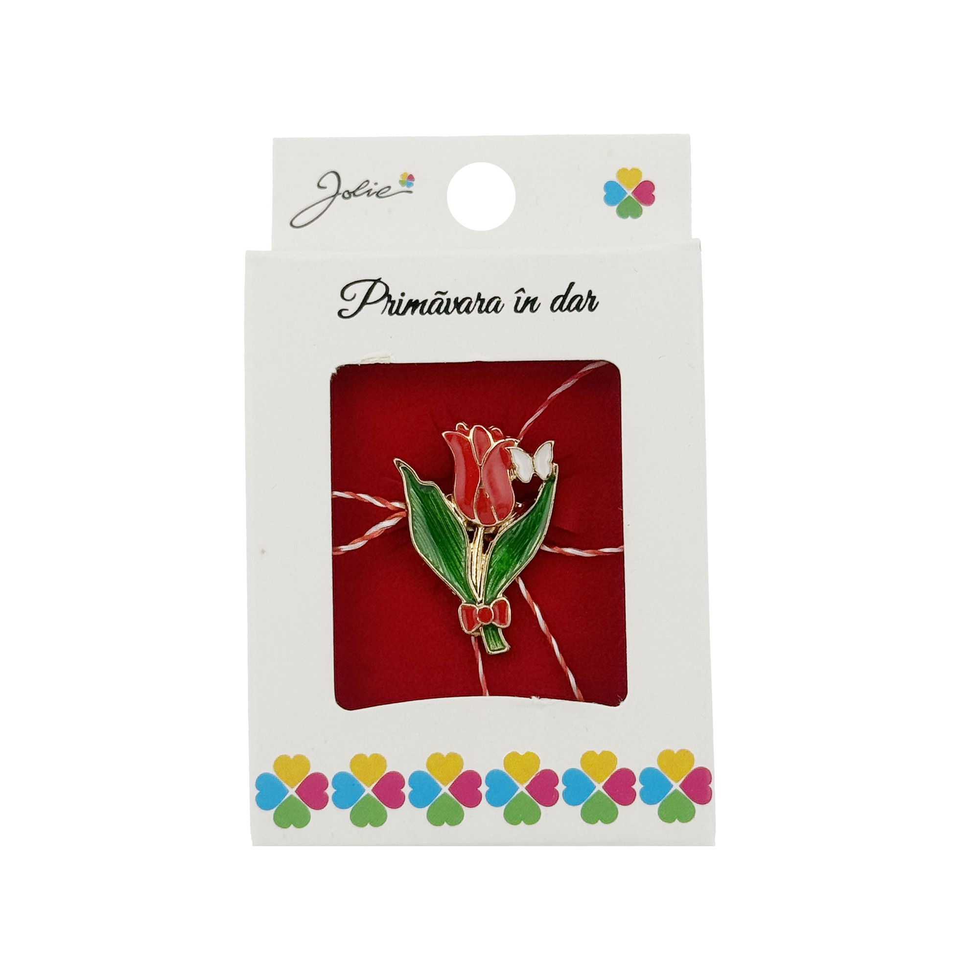 Martisor Brosa, Jolie, Model Lalea, Metal Emailat in Culori, Sistem de Prindere cu Ac, Dimensiune 2.5–3 cm, Ambalaj Individual cu Design, Multicolor