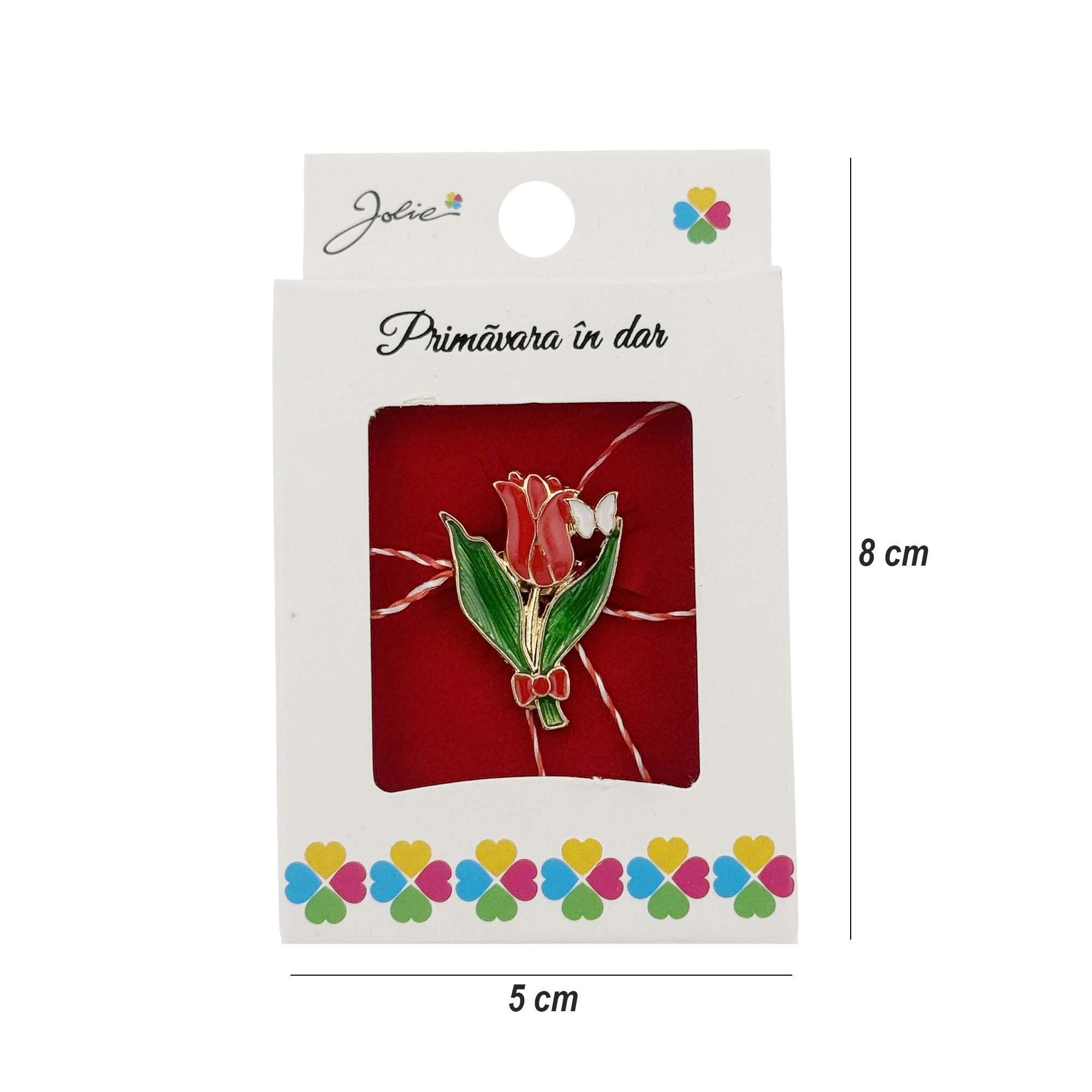 Martisor Brosa, Jolie, Model Lalea, Metal Emailat in Culori, Sistem de Prindere cu Ac, Dimensiune 2.5–3 cm, Ambalaj Individual cu Design, Multicolor