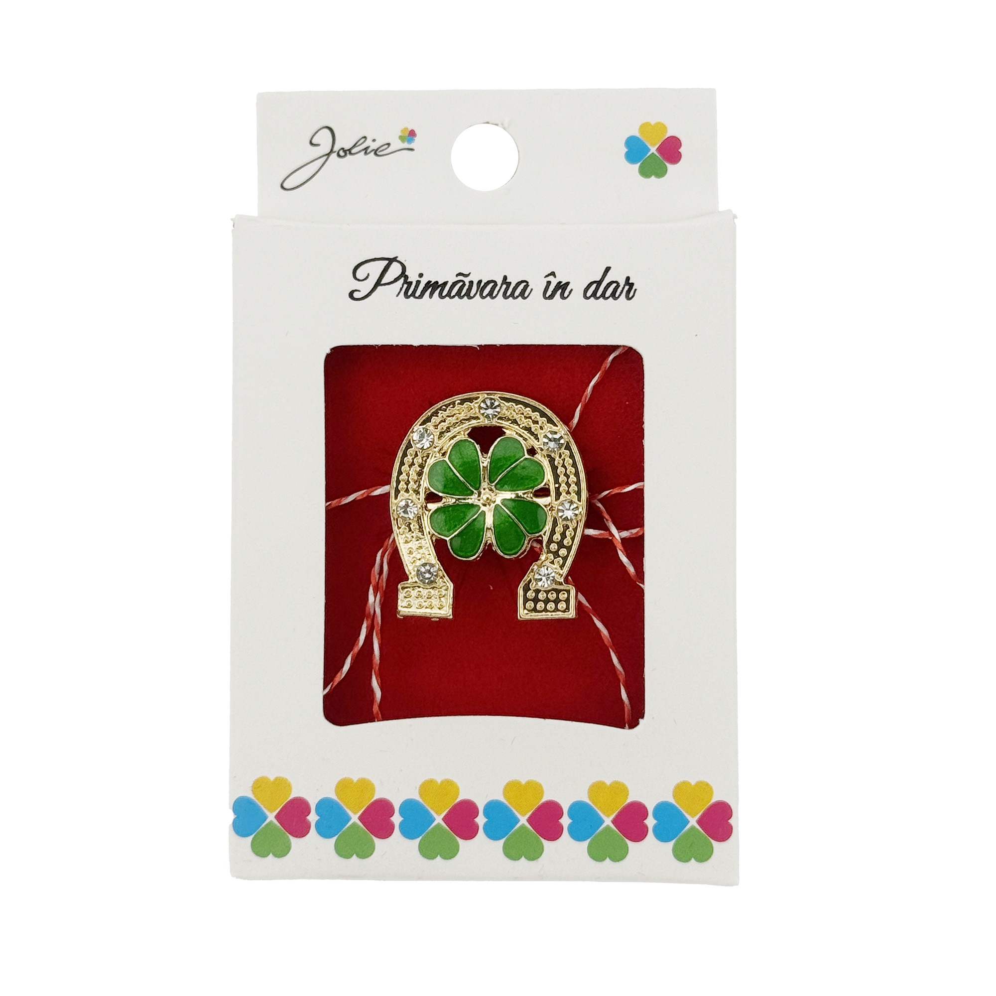 Martisor Brosa, Jolie, Model Potcoava cu Trifoi, Metal Emailat in Culori, Sistem de Prindere cu Ac, Dimensiune 2.5–3 cm, Ambalaj Individual cu Design, Multicolor