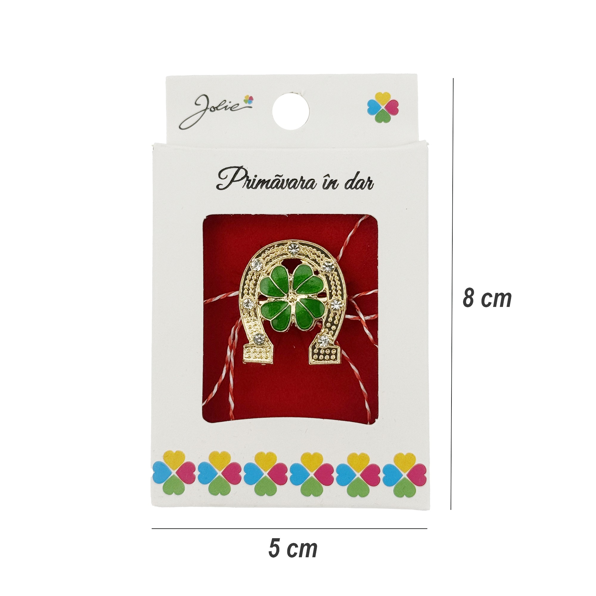 Martisor Brosa, Jolie, Model Potcoava cu Trifoi, Metal Emailat in Culori, Sistem de Prindere cu Ac, Dimensiune 2.5–3 cm, Ambalaj Individual cu Design, Multicolor