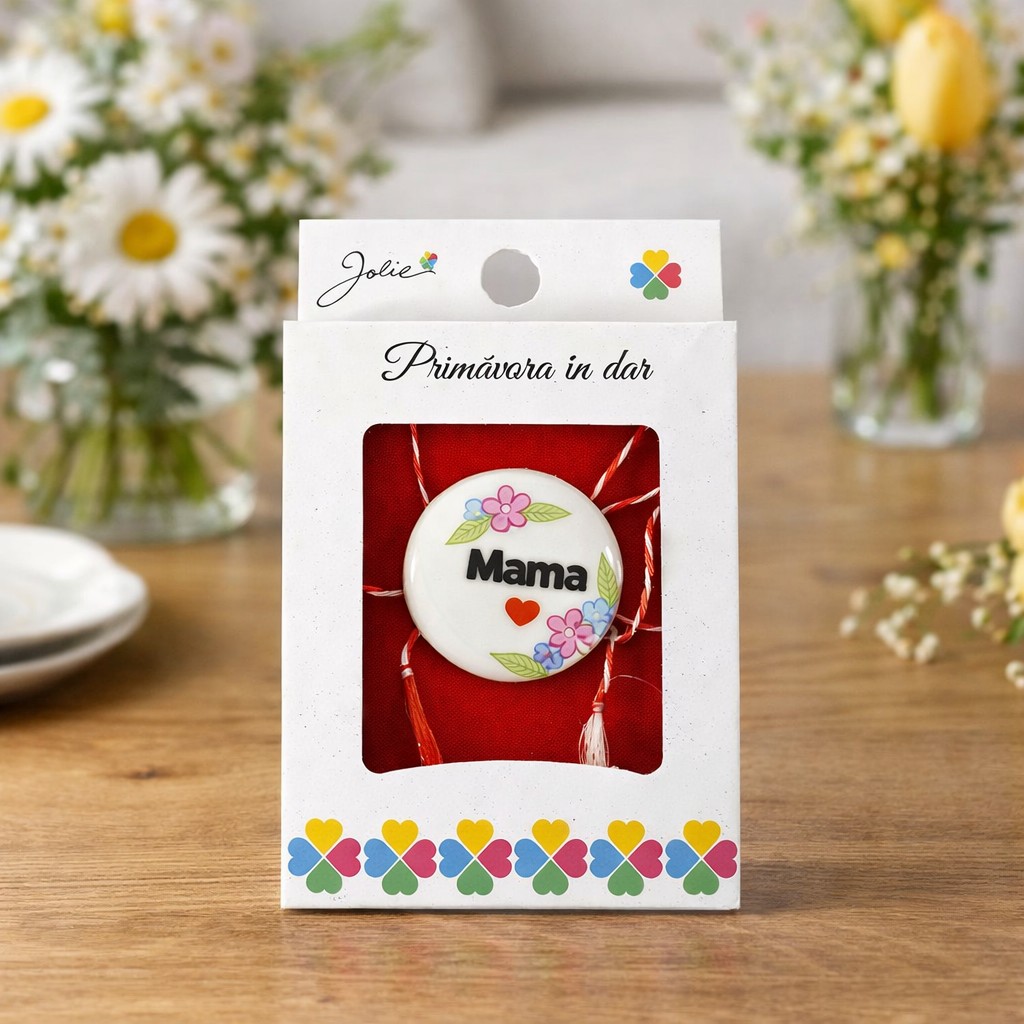 Martisor Brosa Mica in Cutie, Jolie, Dimensiune Brosa 2,5-3 cm, Material Metal, Model Cerc Mama, Alb