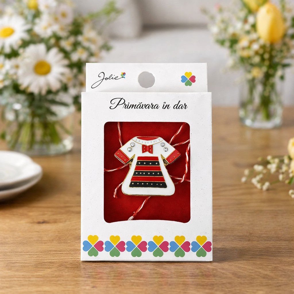 Martisor Brosa Mica in Cutie, Jolie, Dimensiune Brosa 2,5-3 cm, Material Metal, Model Rochie Traditionala, Multicolor