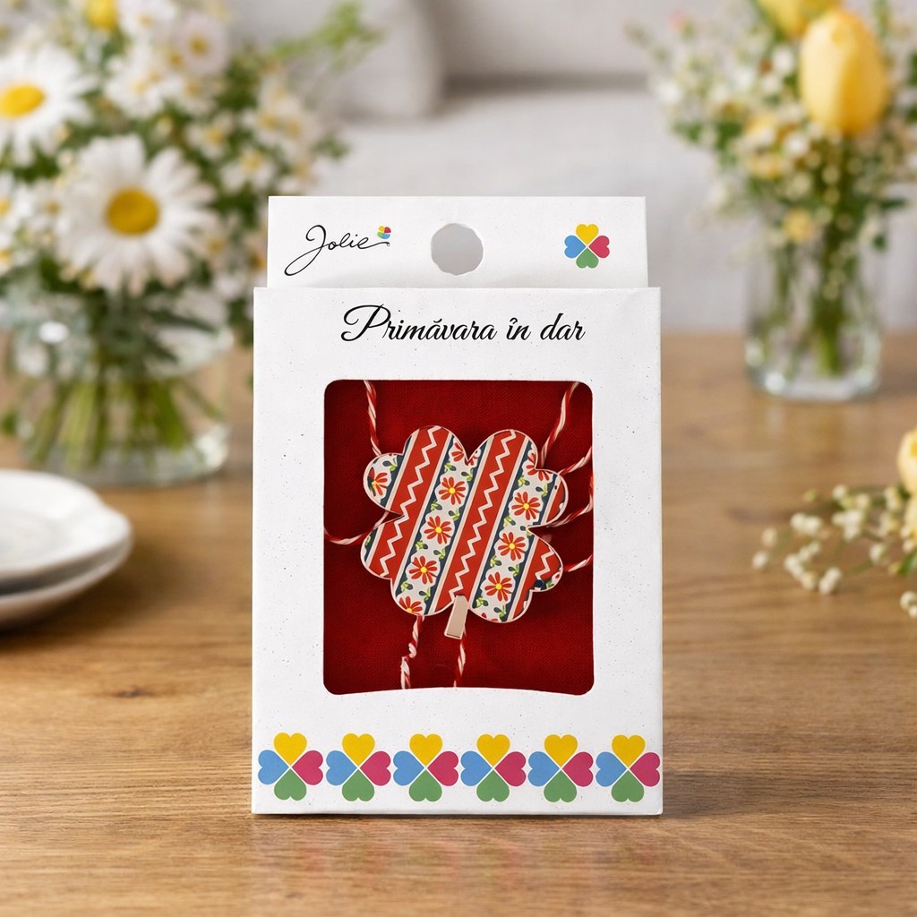 Martisor Brosa Mica in Cutie, Jolie, Model Trifoi Traditional, Metal, 2,5-3 cm, Multicolor