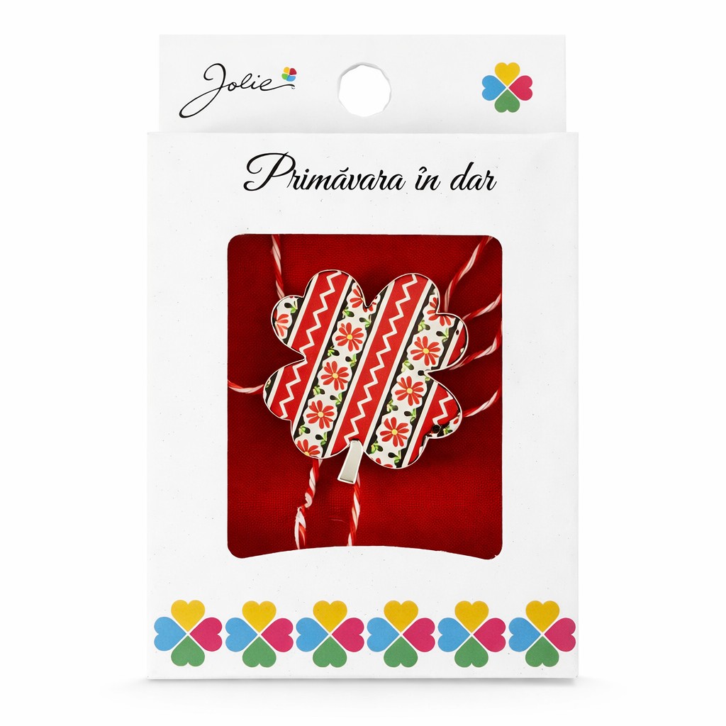 Martisor Brosa Mica in Cutie, Jolie, Model Trifoi Traditional, Metal, 2,5-3 cm, Multicolor
