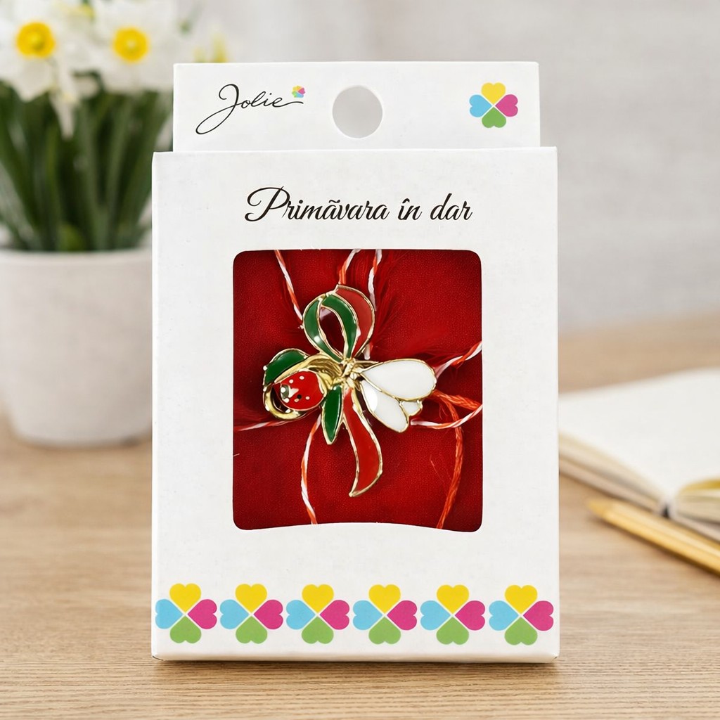 Martisor Brosa Mica in Cutie, Jolie, Dimensiune Brosa 2,5-3 cm, Material Metal, Model Ghiocel cu Fundita, Multicolor