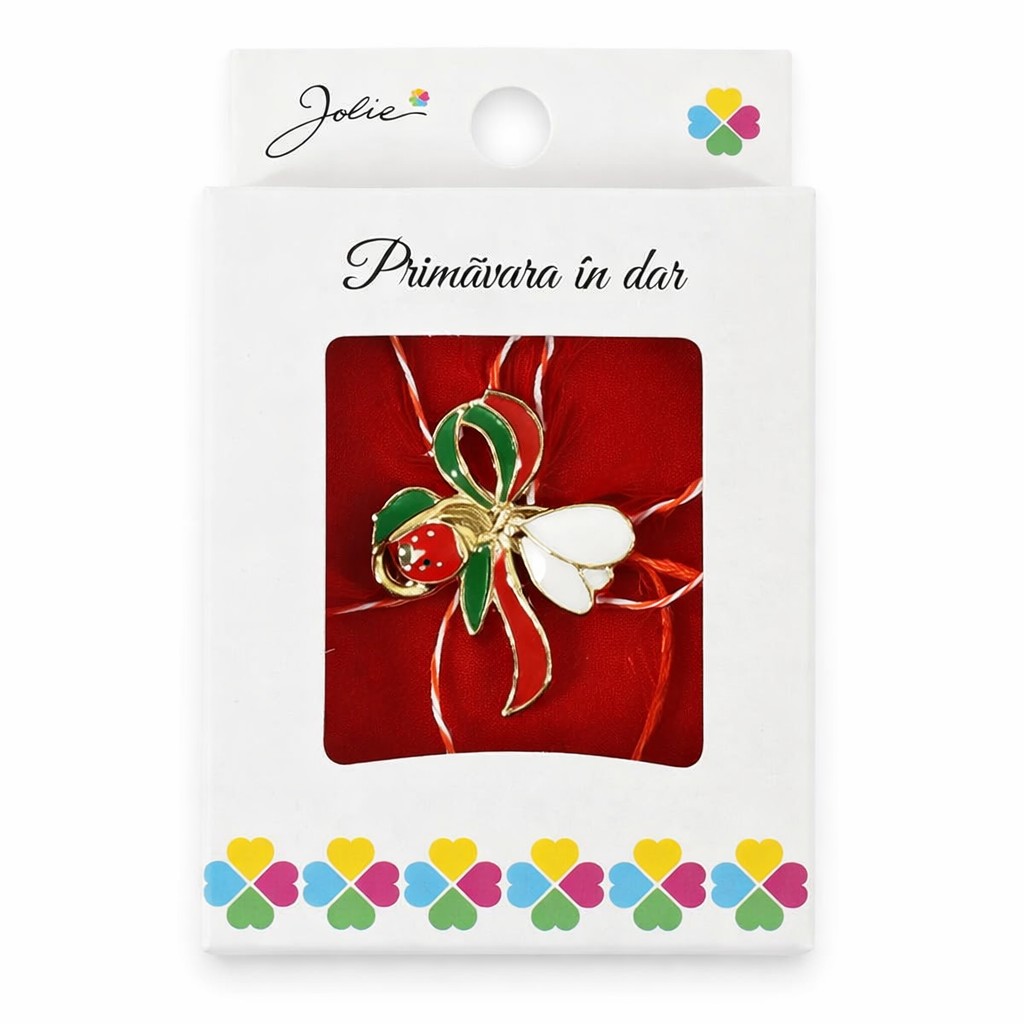 Martisor Brosa Mica in Cutie, Jolie, Dimensiune Brosa 2,5-3 cm, Material Metal, Model Ghiocel cu Fundita, Multicolor
