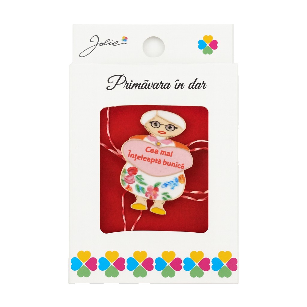 Martisor Brosa Mica in Cutie, Jolie, Dimensiune Brosa 2,5-3 cm, Material Metal, Model Cea Mai Inteleapta Bunica, Multicolor